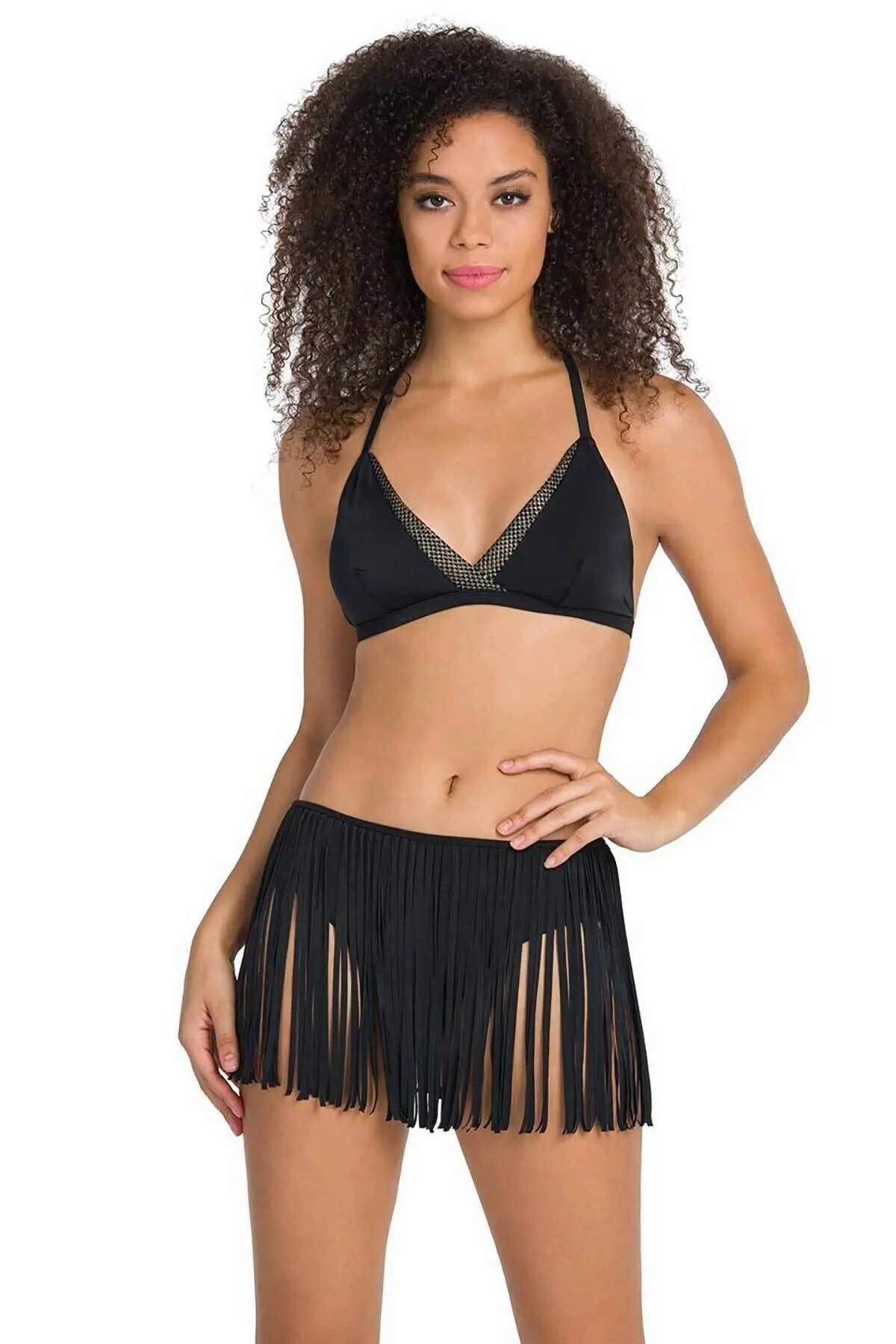 Dagi Kadın Siyah Püsküllü Alt Üçgen Bikini Takımı