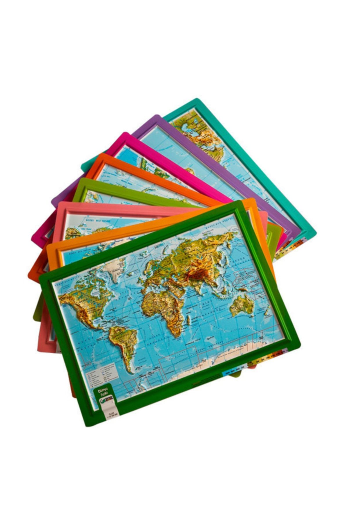 Genel Markalar Kabartmalı Dünya Haritası Seti - A4  8 Harita Atlas Kıtalar