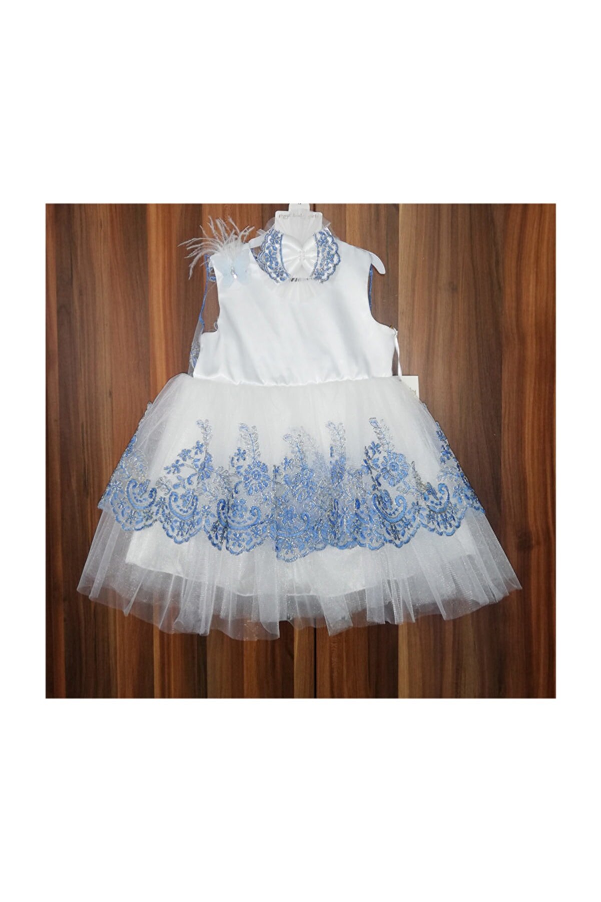 Pugi Baby Kız Çocuk Beyaz & Mavi Gümüş İşlemeli Abiye Elbise 1-3 Yaş