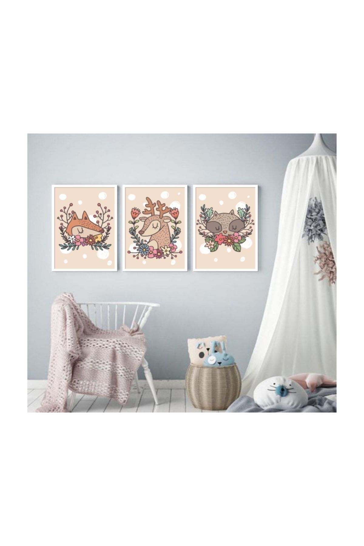 Dream Home 3'lü Çocuk Odası Floral Animal Poster Ve Çerçeve Seti