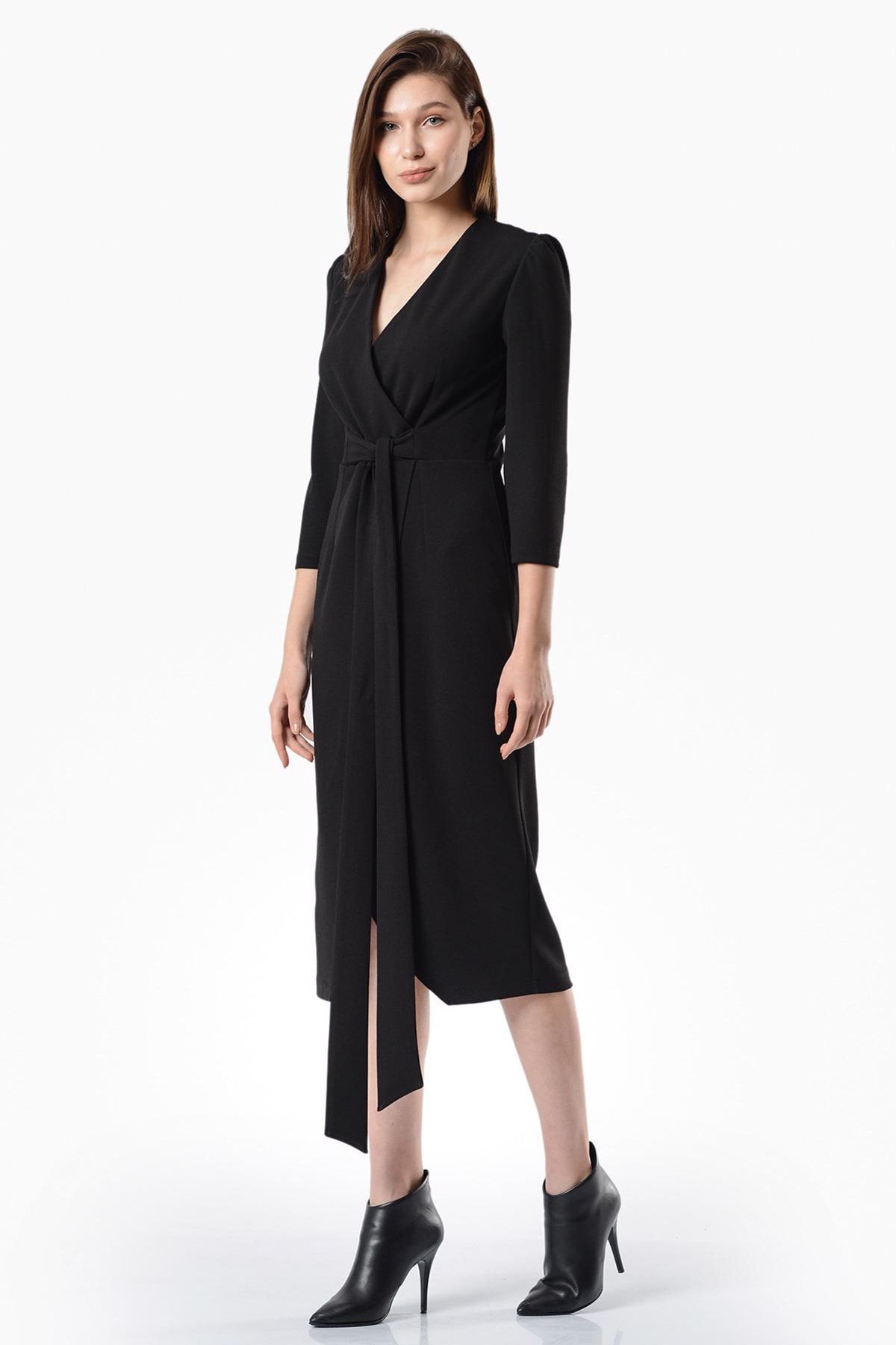 İroni Kadın Siyah Kruvaze Yırtmaçlı  Elbise 5322-1202