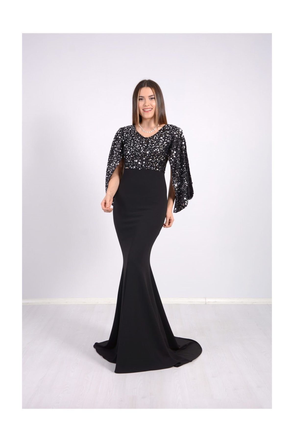 giyimmasalı Kadın Siyah Üst Payet Alt Krep Abiye Elbise  GYM-0717_SYH
