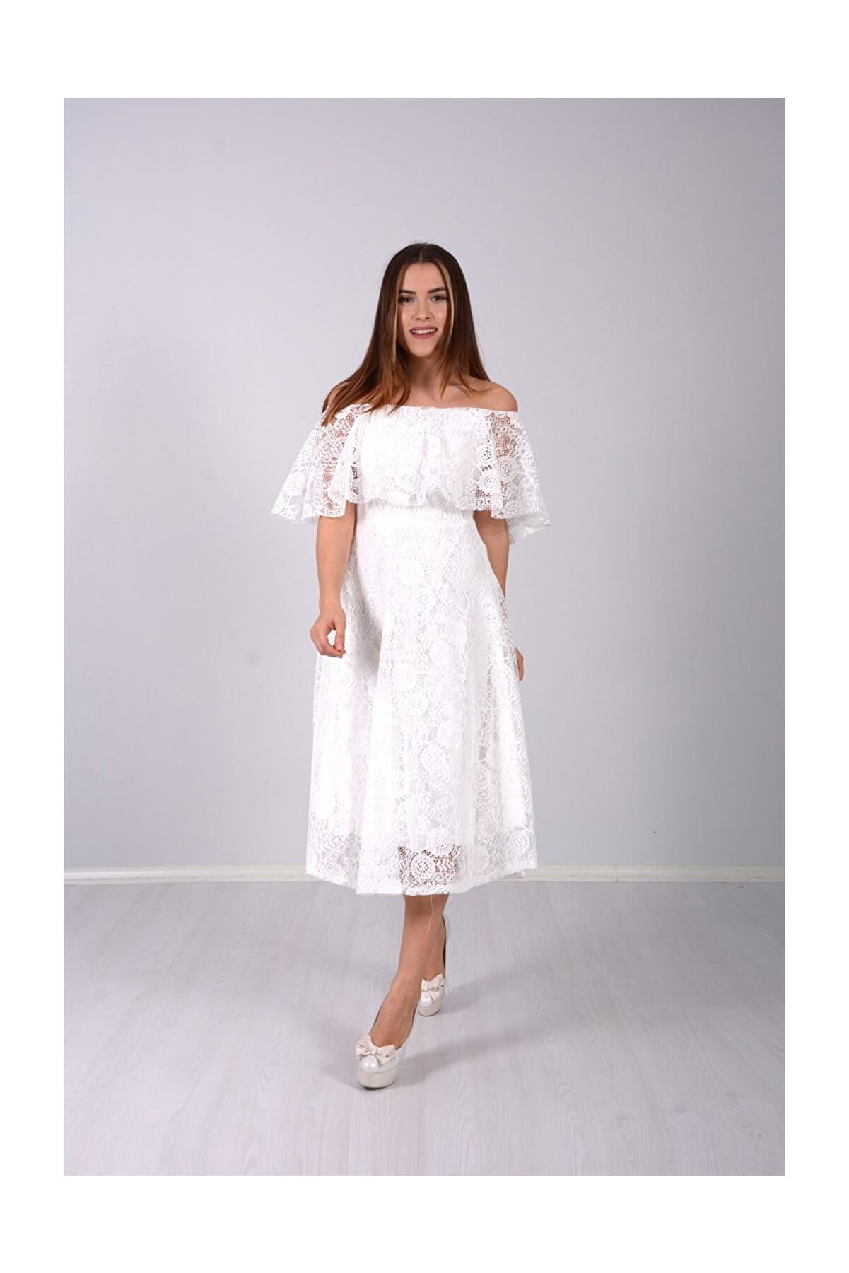 giyimmasalı Kadın Beyaz Full Dantel Volanlı Elbise  GYM-0597-D_BYZ