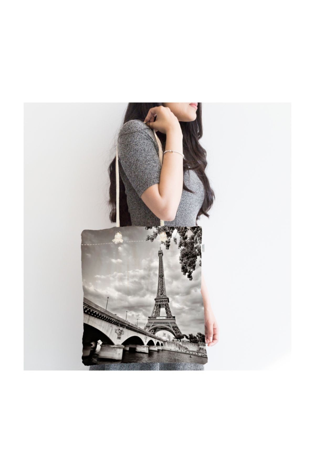 Realhomes Siyah Beyaz Paris Tasarımlı Dijital Baskılı Fermuarlı Bez Çanta Canta-26