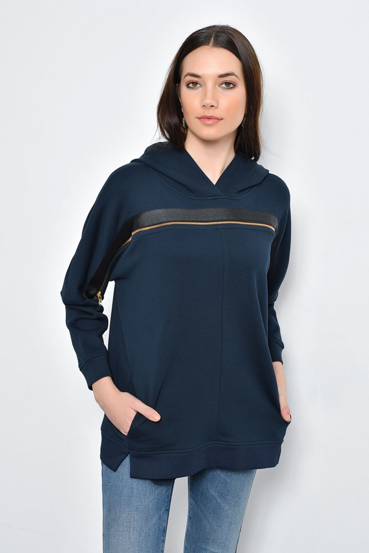 Hanna's Kadın Lacivert Kapüşonlu Fermuarlı Sweatshirt