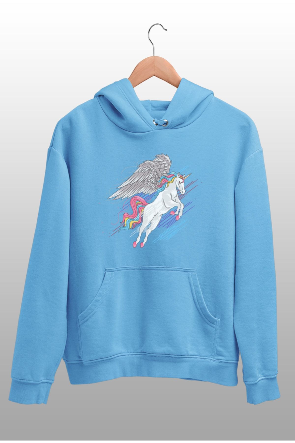 Angemiel Wear Uçan Tatlı Unicorn Mavi Kadın Kapüşonlu Sweatshirt Çanta Kombin