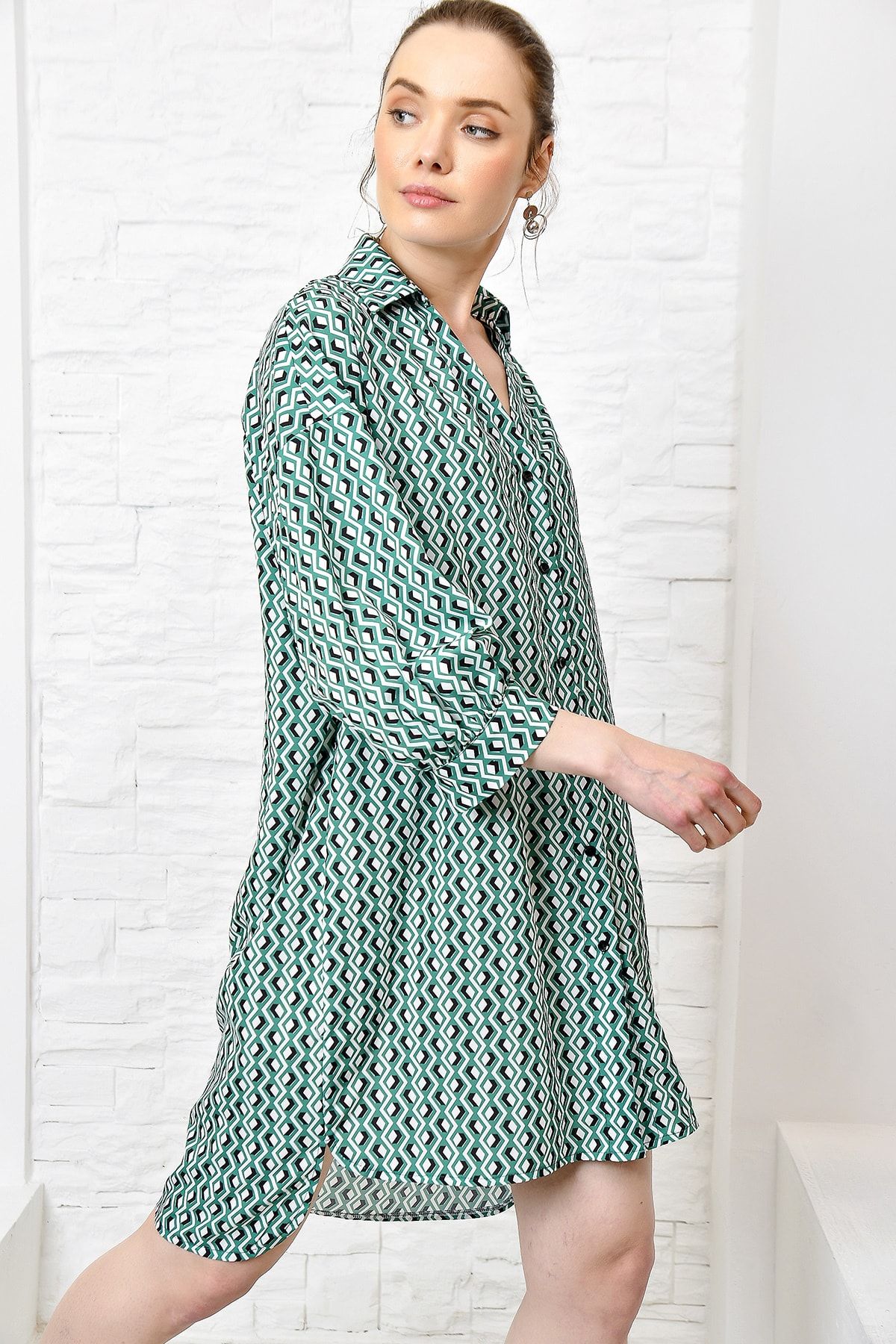 Trend Alaçatı Stili Kadın Yeşil Dokuma Gömlek Elbise DNZ-3131