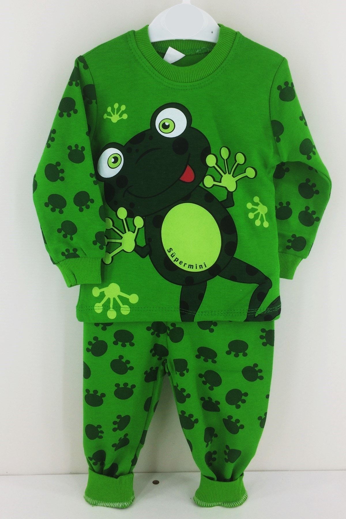 Genel Markalar Çocuk Yeşil Kurbağa Desenli Pijama Takımı 1-2-3 Yaş