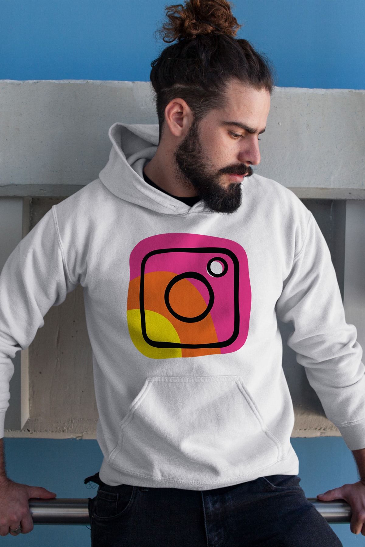 Angemiel Wear Rengarenk Instagram Logosu Beyaz Erkek Kapüşonlu Sweatshirt Çanta Kombin