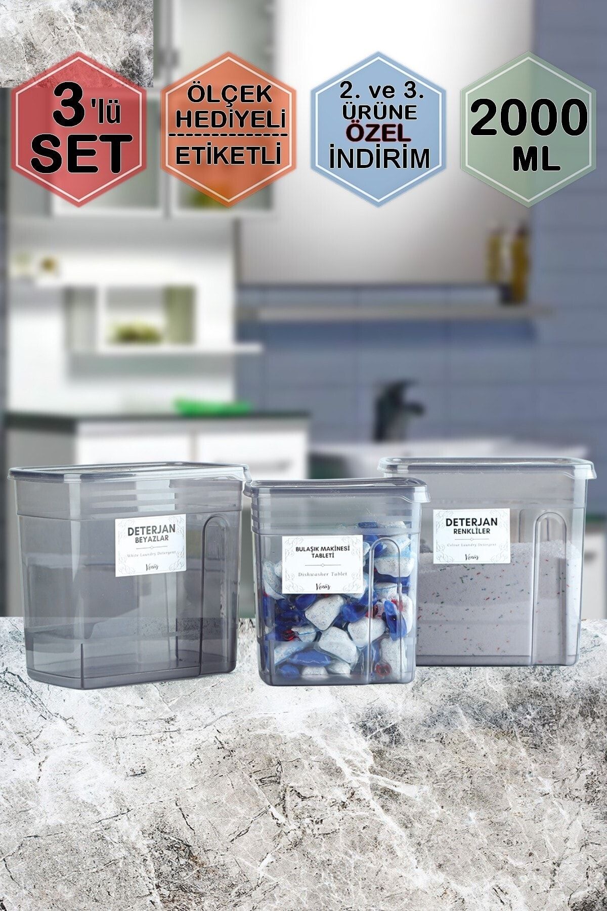 Karçiçeği Home 3'lü Ölçekli Etiketli Deterjan Renkliler - Beyazlar - Tablet Kavanozu Kutusu Düzenleyici 2 LT