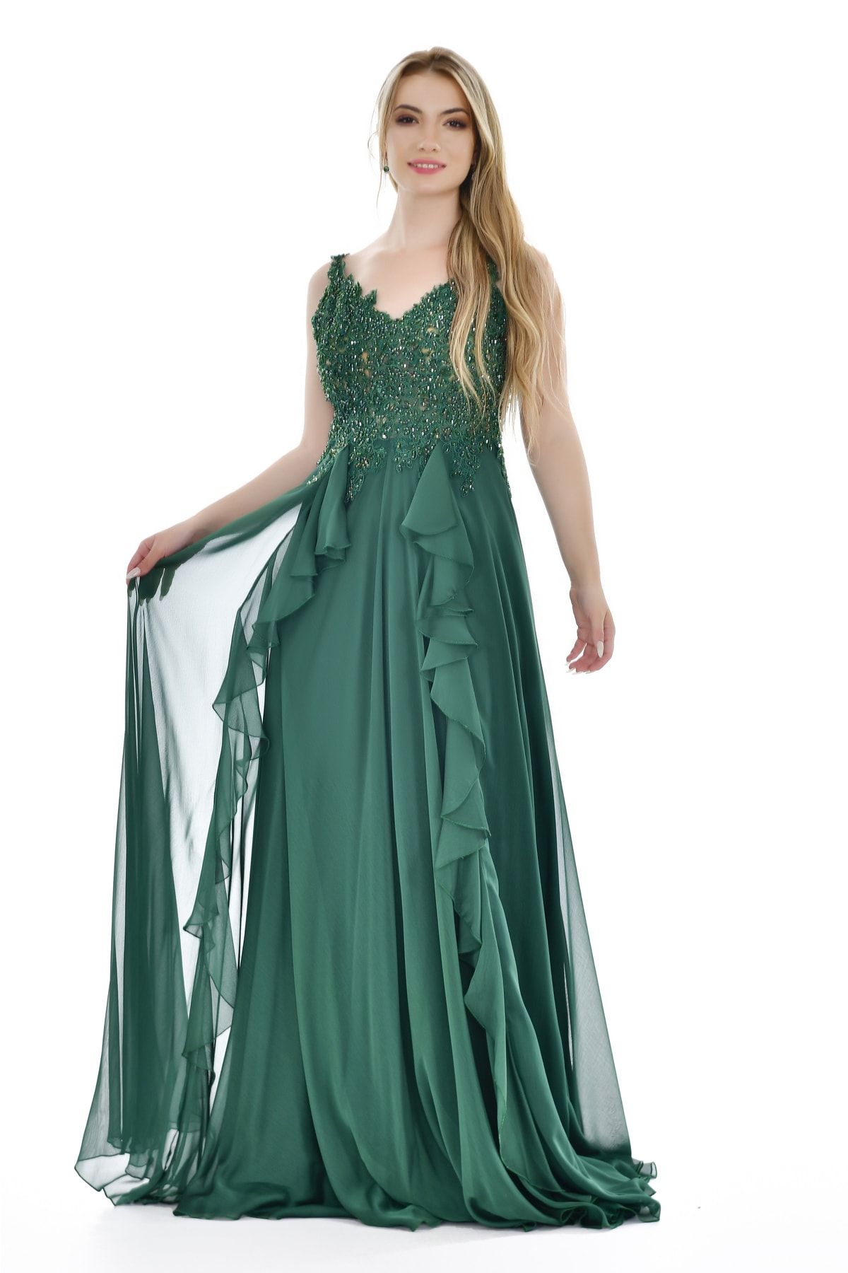Kulis Zümrüt Yeşili Askılı V Yaka Taşlı Volanlı Fransız Şifon Abiye & Mezuniyet Elbisesi