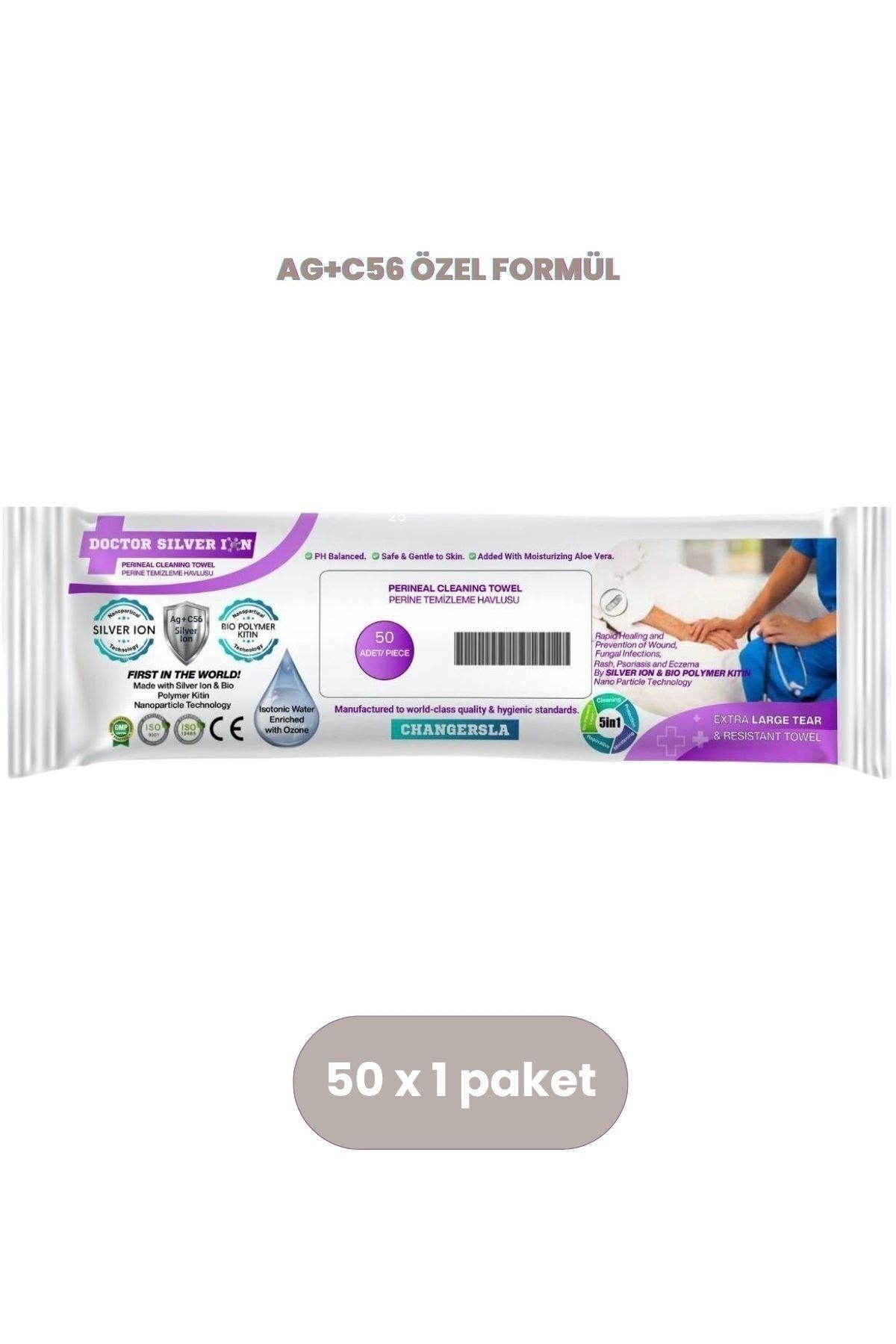 DoctorSilverIon Gümüş Iyon & Biyopolimer Kitin Teknolojili 50'li Perine Temizleme Havlusu (1 Paket)