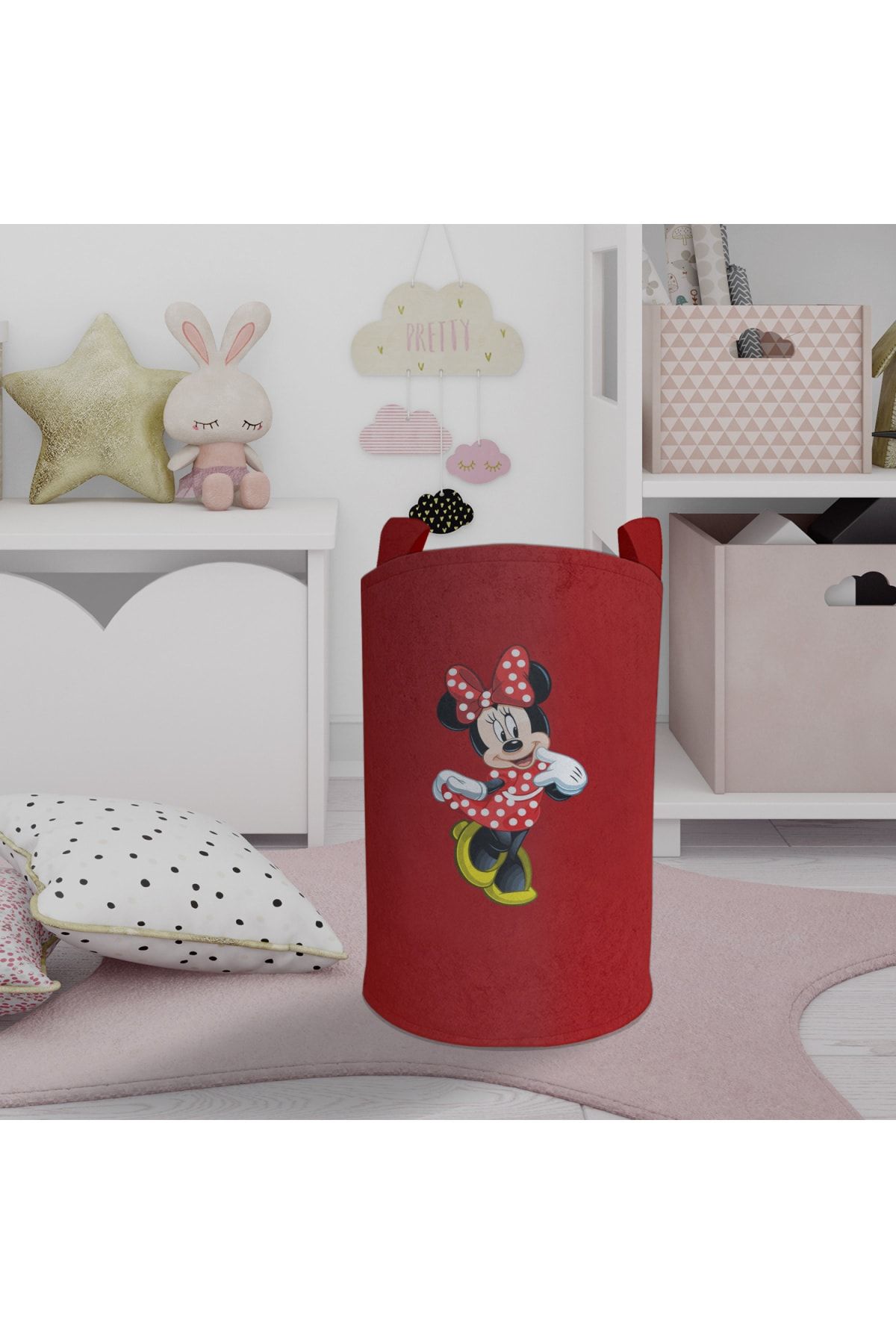 Ceritti Kırmızı Mickey Desenli Kız Bebek Ve Çocuk Odası Için Renkli Ve Uzun Saplı Çamaşır Sepeti