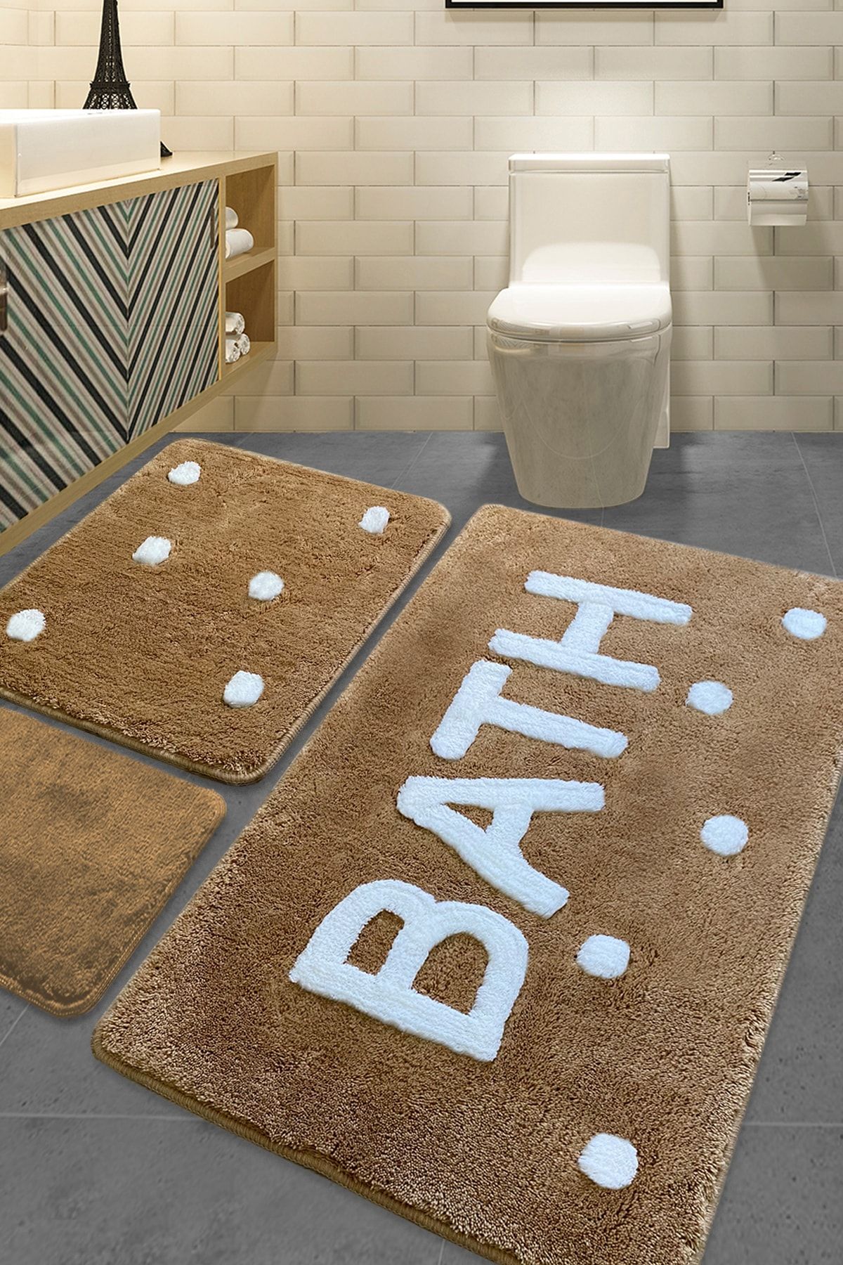 Chilai Home Bath Kahverengi 3'lü Set Banyo Halısı