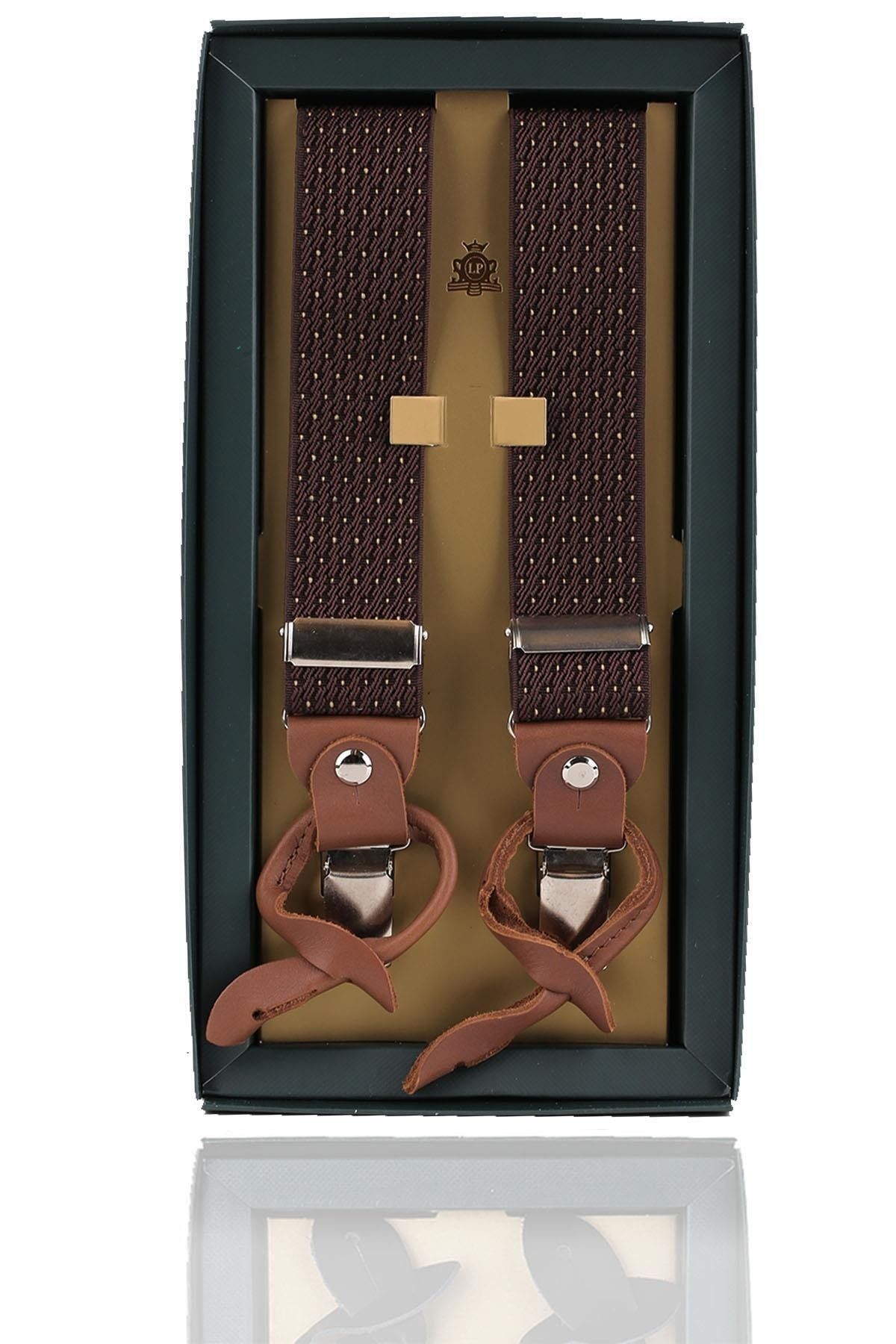 Kravatkolik Kahverengi Deri Bağlantılı Düğme Delikli Jakarlı Pantolon Askısı PAN147