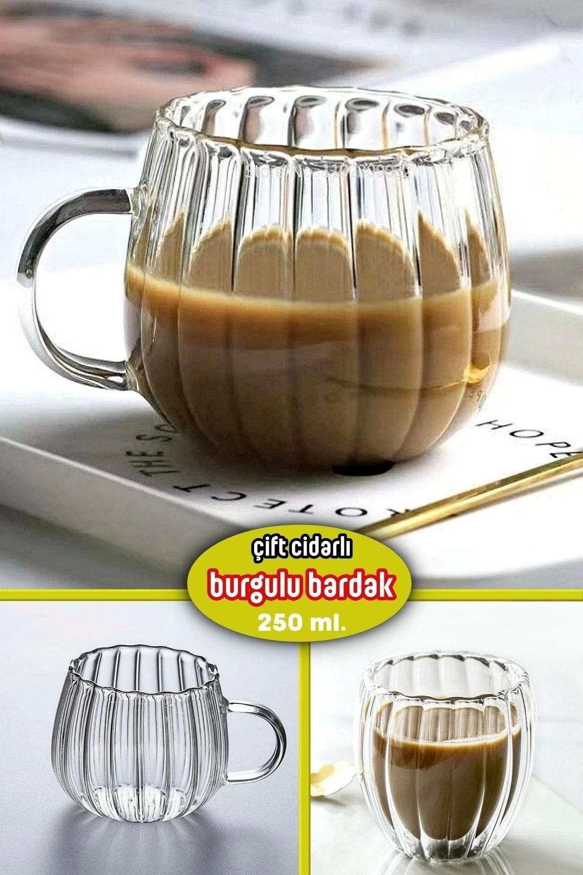 Tilbe Home Çift Cidarlı Burgulu Kristal Kulplu Cam Bardak Çay Süt Kahve Kupası Sıcak & Soğuk İçecek Bardağı