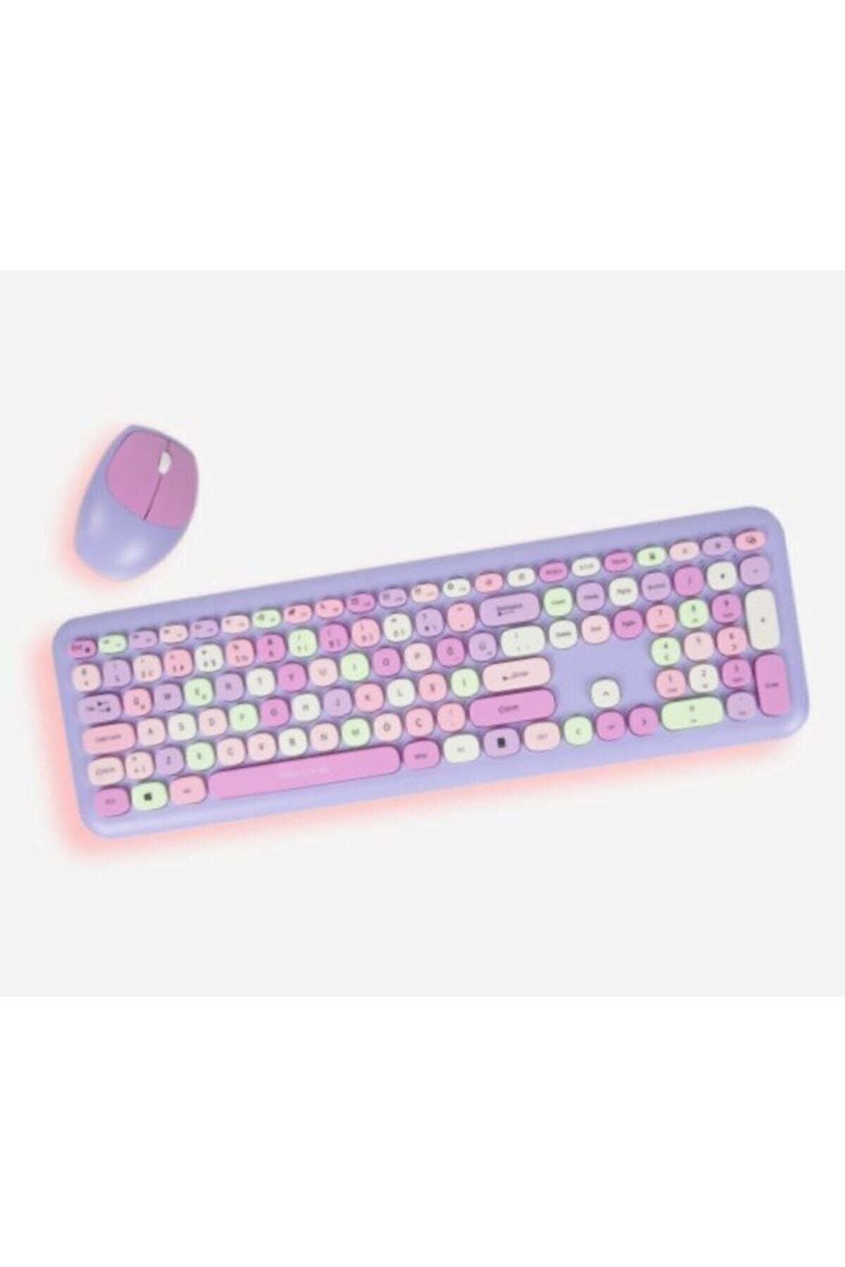 Prozone Pembe Kız Kalp Mini Karışık Renk Kablosuz Klavye Mouse Set Q Klavye
