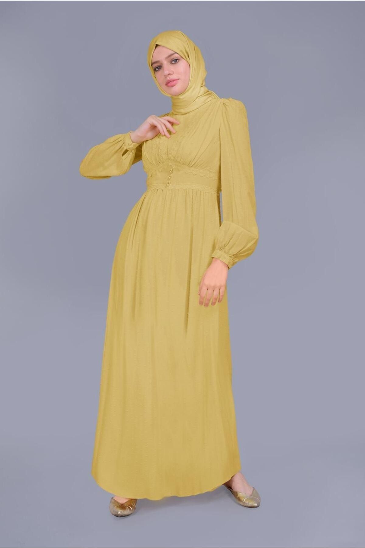 TRENDTESETTÜR Kadın Sarı Dantel Detaylı Düğmeli Elbise T 41509