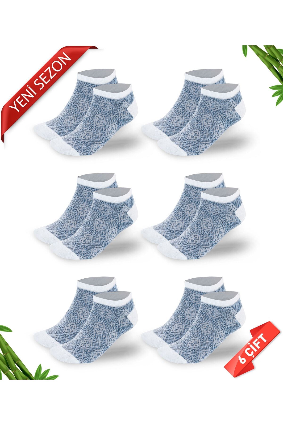 DAYCO Premium Mavi Retro Desenli Kadın Bambu Patik Çorap 6'lı Set - 10558-retro