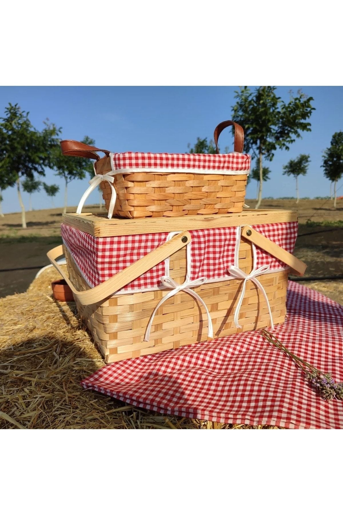 HARMONİ FASHİON Kapaklı Hasır Piknik Sepeti Seti Kapaklı Piknik Sepeti Ekmek Sepeti Masa Örtüsü Set 30 X 22 X 18cm