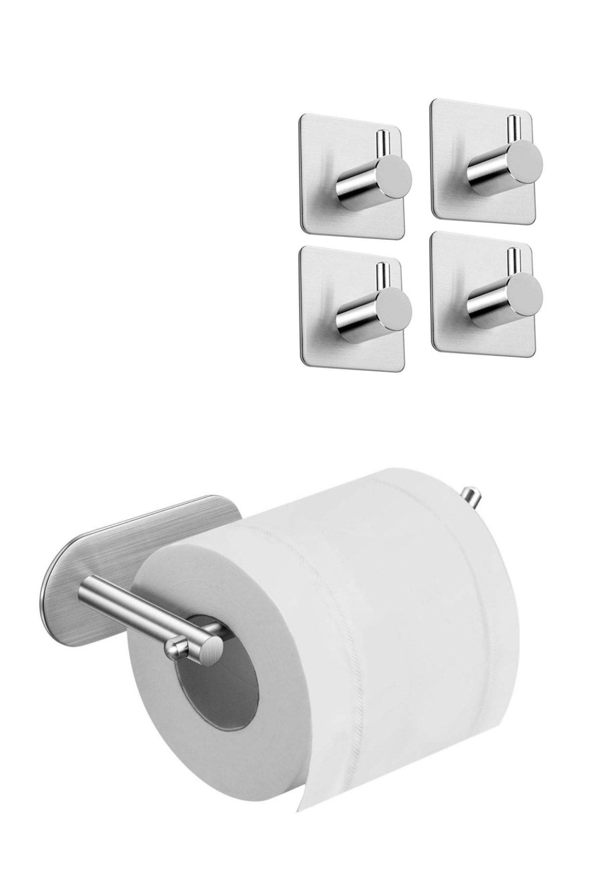 DELTAHOME Paslanmaz Çelik Set Tuvalet Kağıtlığı - 4 Adet Havluluk - Yapışkanlı Bant Sistem