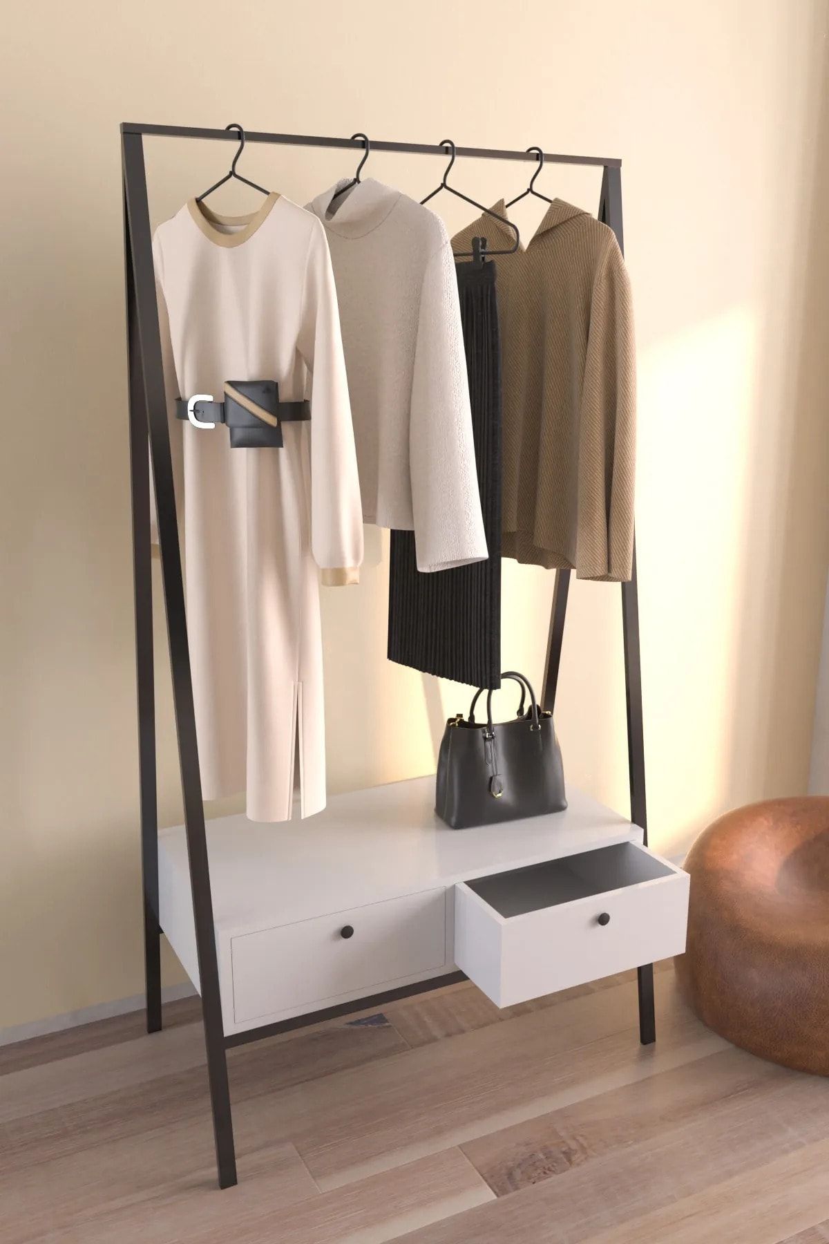 Hediyeler Kapında İki Çekmeceli Konfeksiyon Elbise Askılık Çok Amaçlı Vestiyer Mini Portmanto