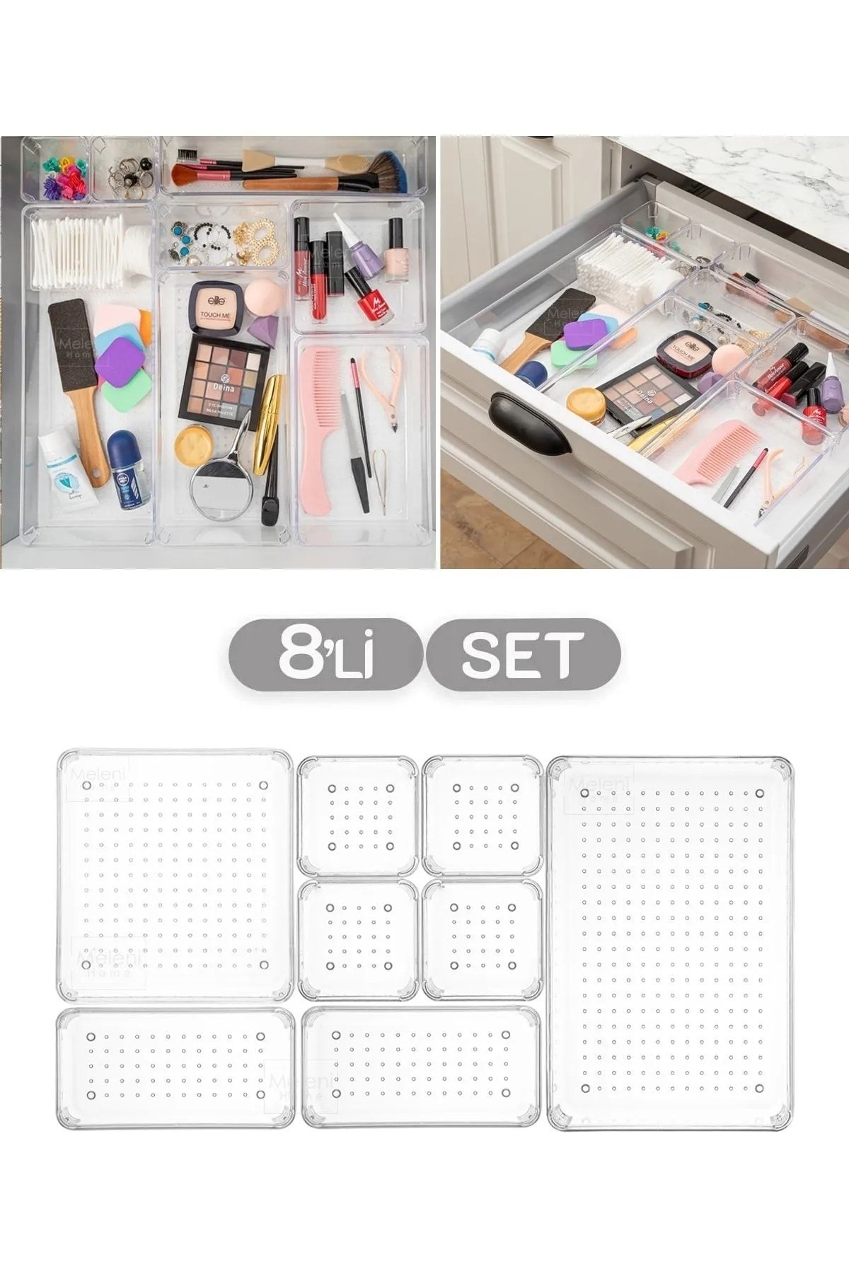 Meleni Home 8'li Set Modüler Çekmece Içi Düzenleyici, Banyo Makyaj Ve Takı Düzenleyici - Ofis Masaüstü Organizer