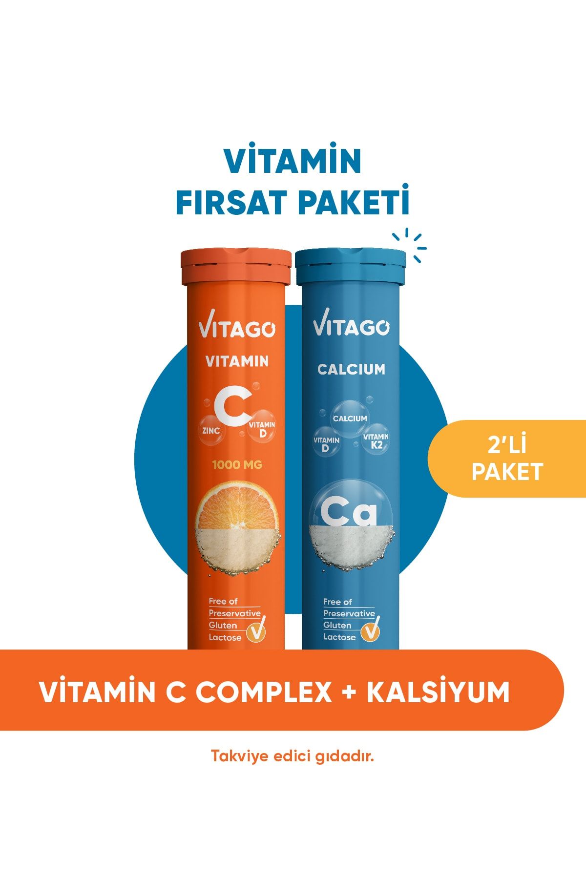 Vitago 2'li Paket- Vitamin C+kalsiyum, 20'li Efervesan Tablet