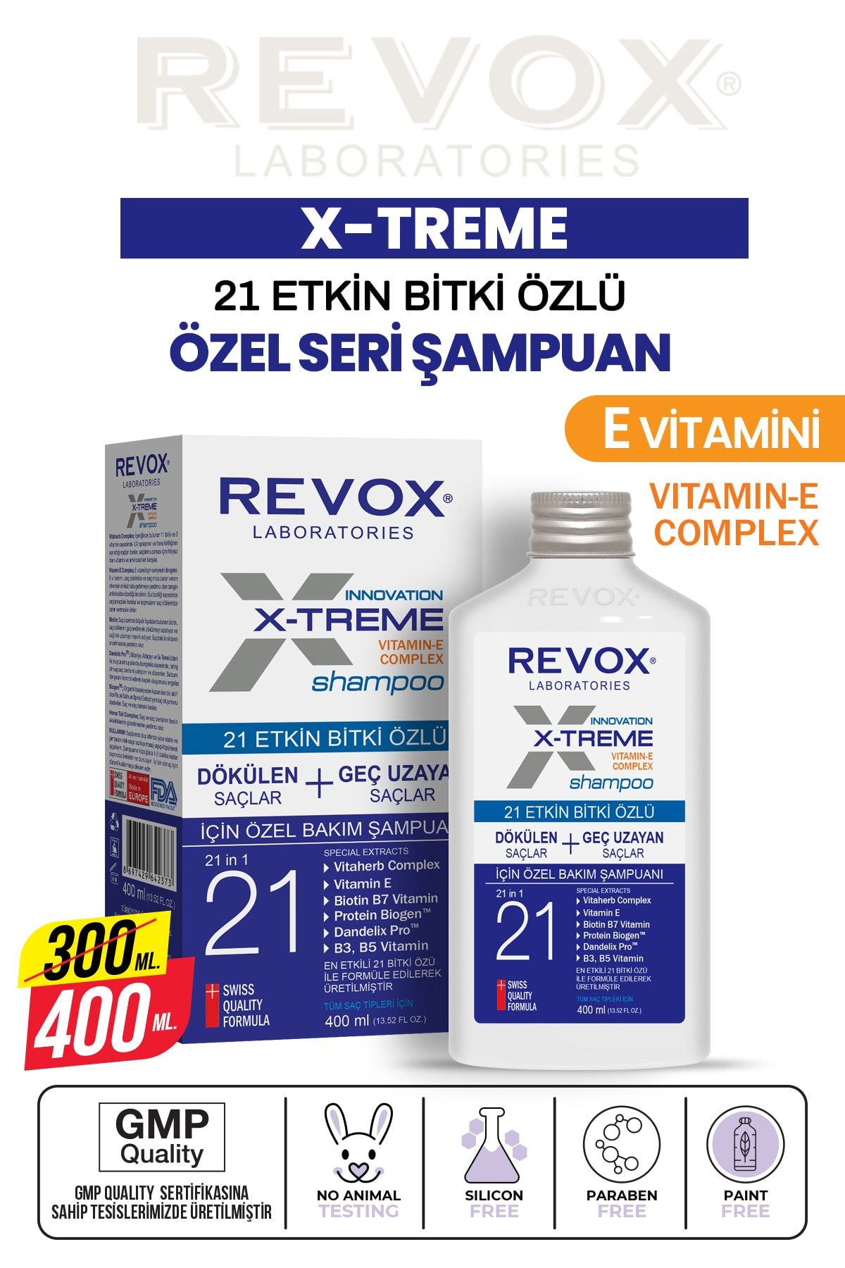 Revox X-treme Dökülen Ve Geç Uzayan Saçlar Için E Vitamini Katkılı Ekstra Bakım Şampuanı 400ml