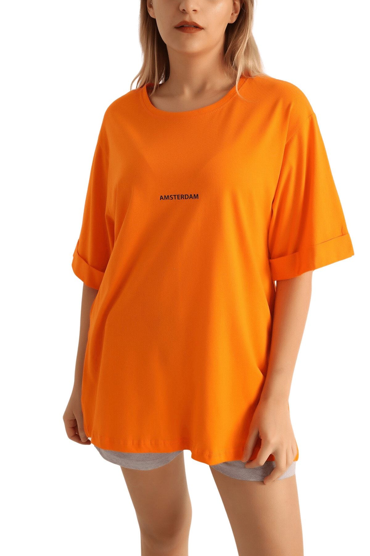 butikburuç Kadın Orange Amsterdam Baskılı Duble Kol Salaş Tişört