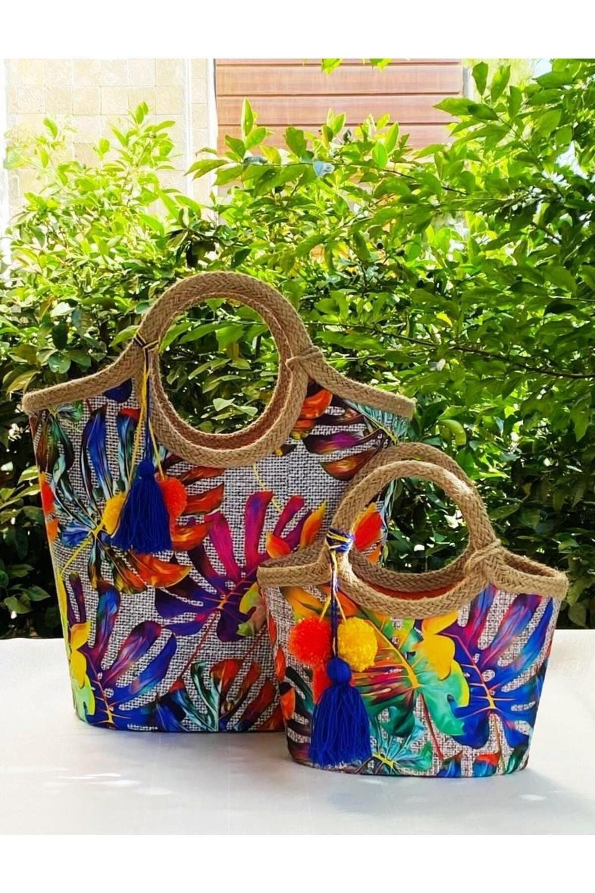 çanta tasarımcısı Jüt Hasır Renkli Devetabanı Kombin Takım Plaj Çantası