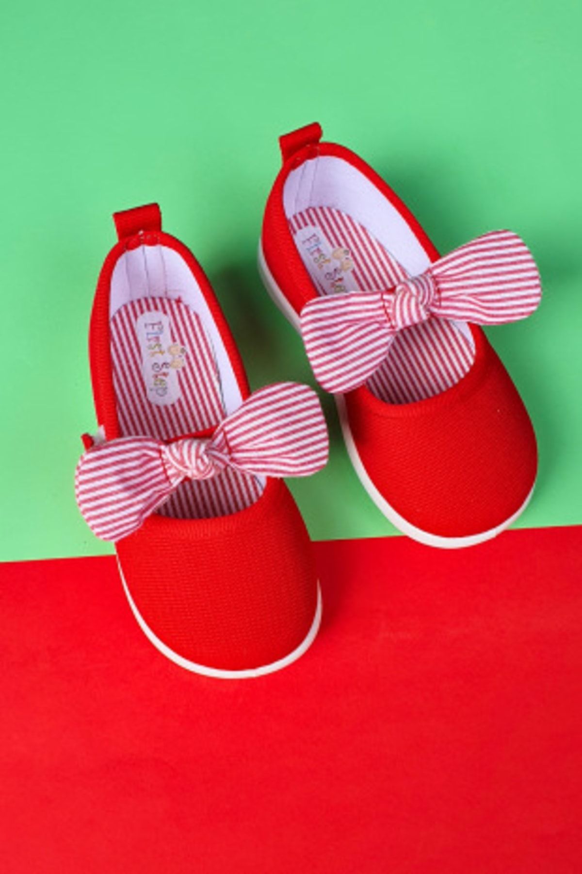 First Step Kız Çocuk Kırmızı Papyonlu Keten Babet Ayakkabı
