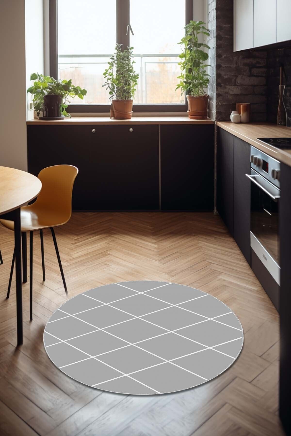 Viva Home Gri Makinede Yıkanabilir Kaymaz Taban Leke Tutmayan Yuvarlak Geometrik Mutfak Halısı AR1472