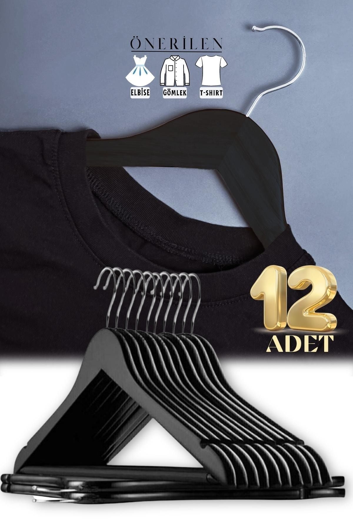 Nandy Home 12'li Set Siyah Ahşap Görünümlü Plastik Elbise - Kıyafet - T-shirt Askısı
