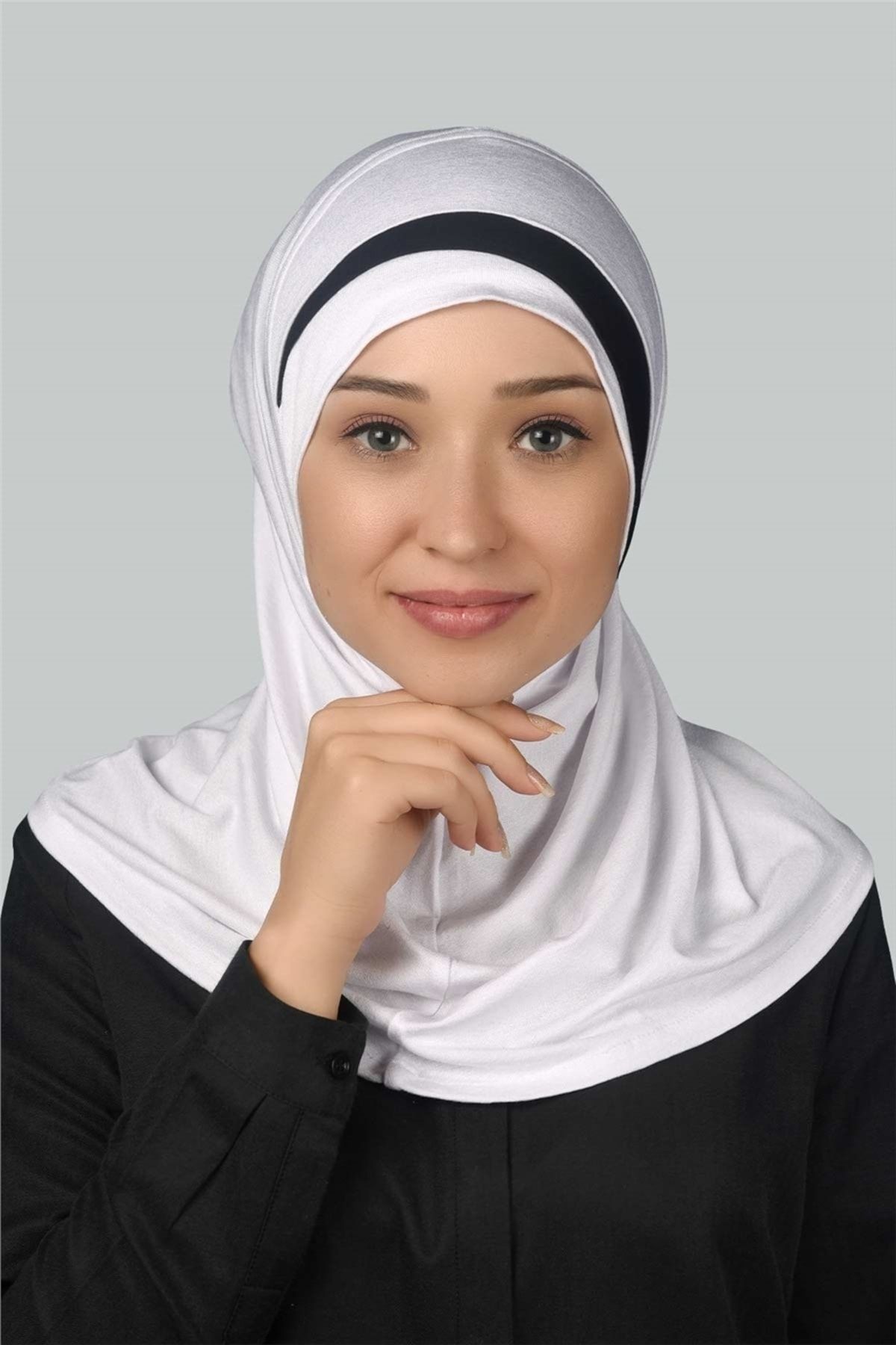 Altobeh Pratik Eşarp Hazır Türban Özel Hilal Detaylı Hijab - Beyaz - Siyah