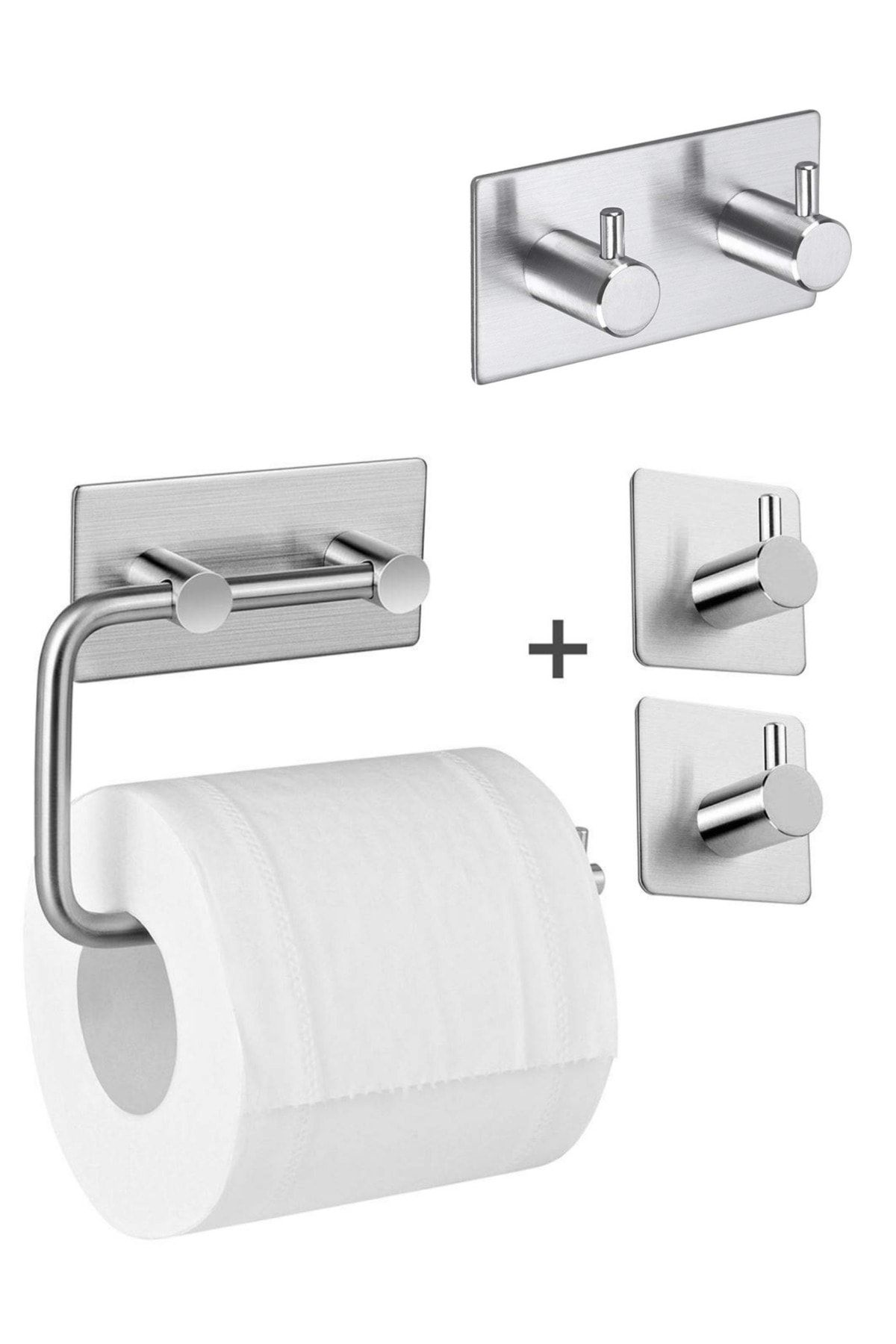 DELTAHOME Paslanmaz Çelik Yapışkanlı Tuvalet Kağıtlığı -bornozluk - 2 Adet Havluluk - Anında Montaj