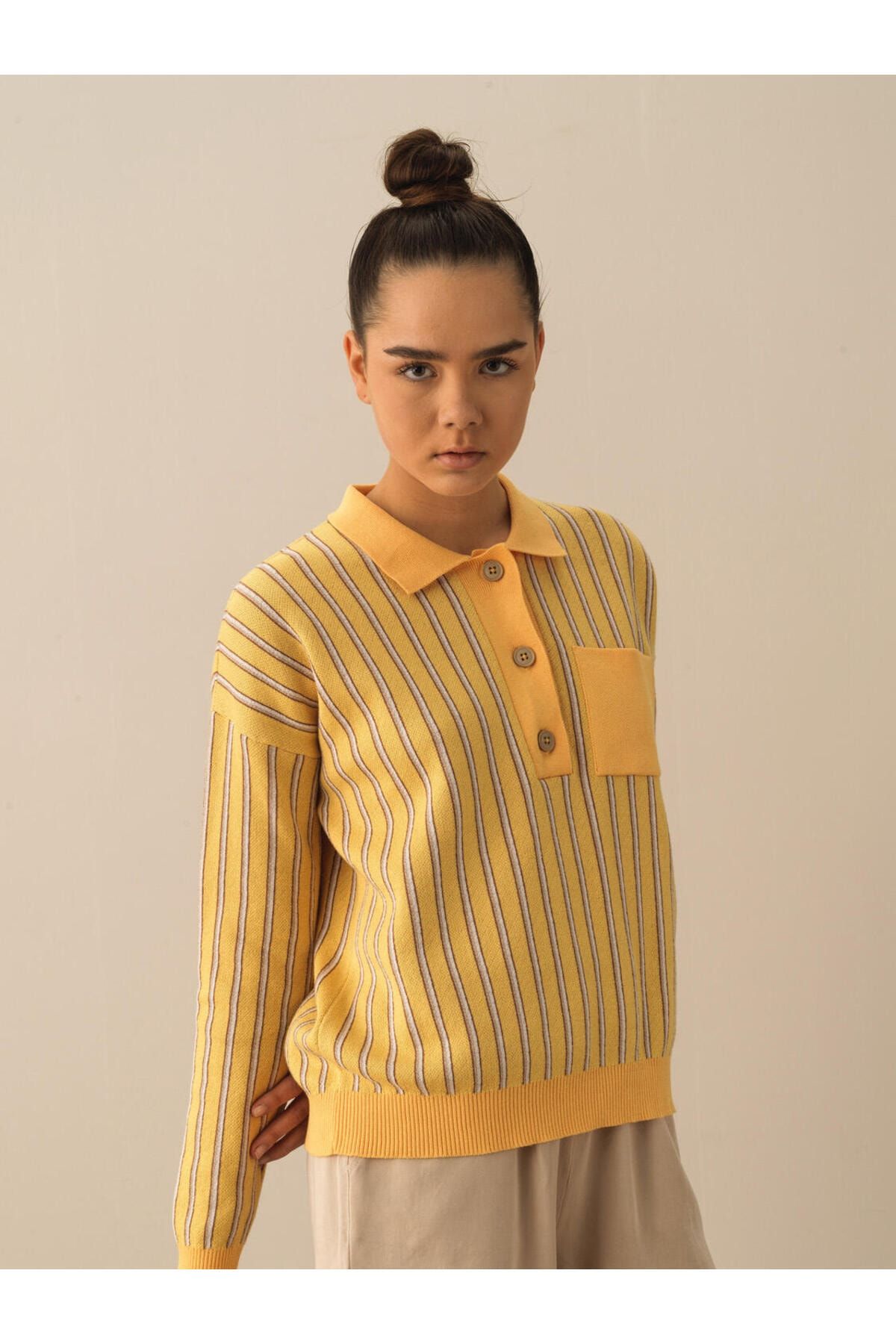 Xint Kadın Sarı %100 Pamuk Oversize Polo Kazak