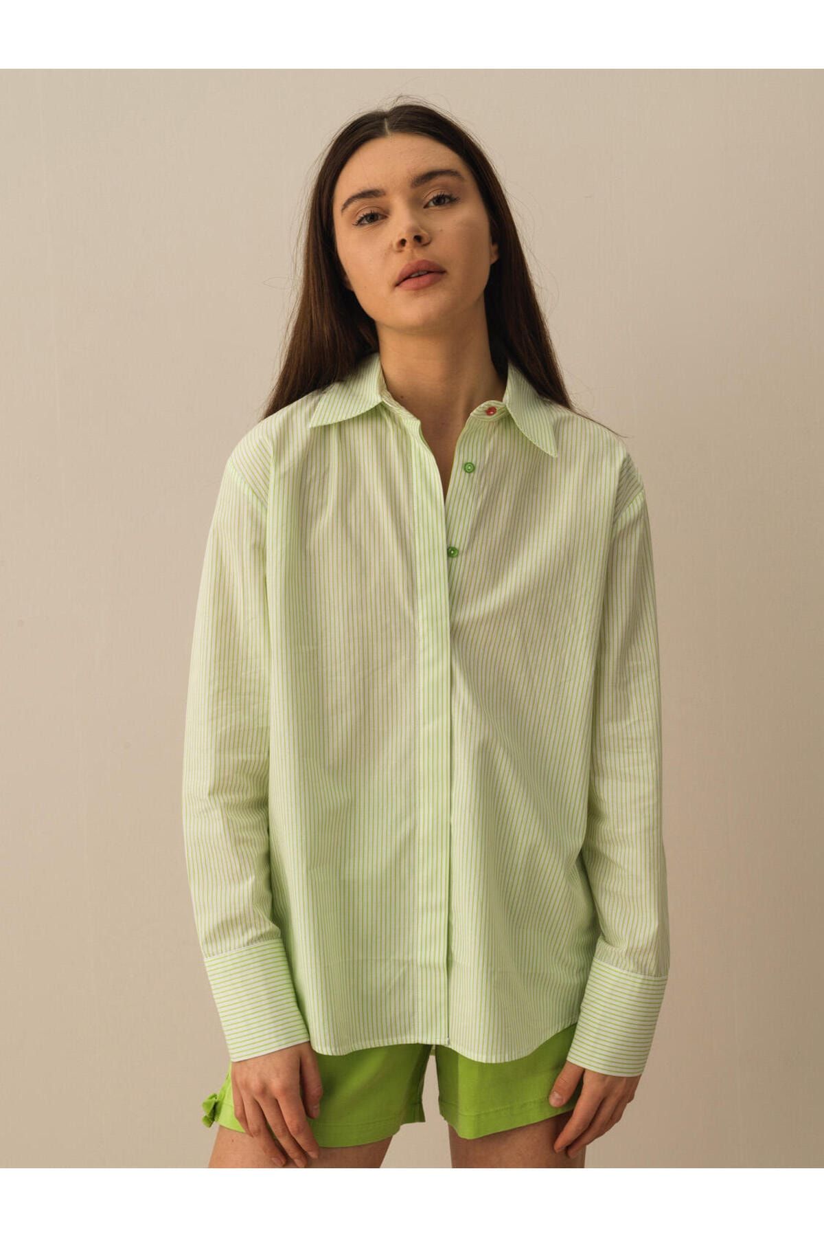 Xint Kadın Yeşil %100 Pamuk Oversize Gömlek
