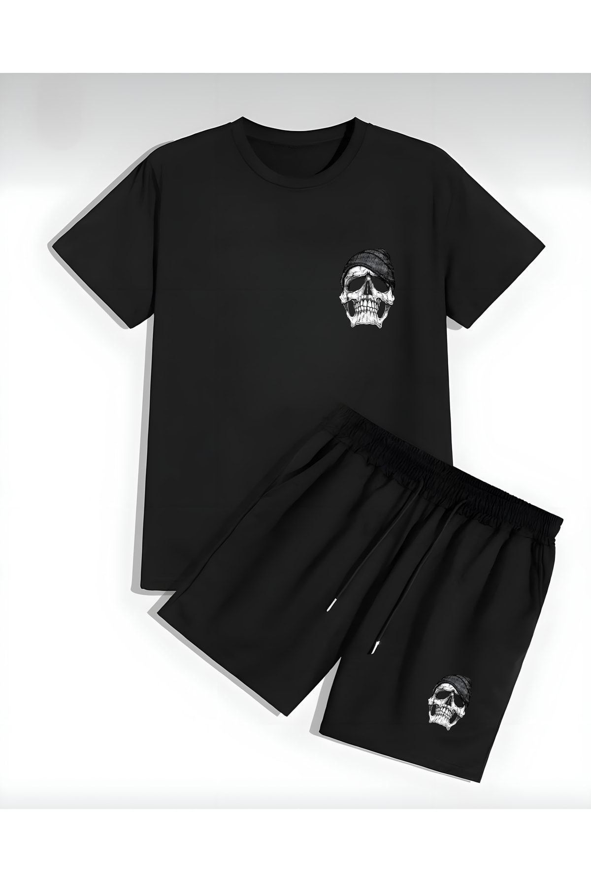 MODARİCH Pirate T-Shirt Şort - Siyah Şortlu Tişört Alt Üst Takım Baskılı Oversize Bisiklet Yaka