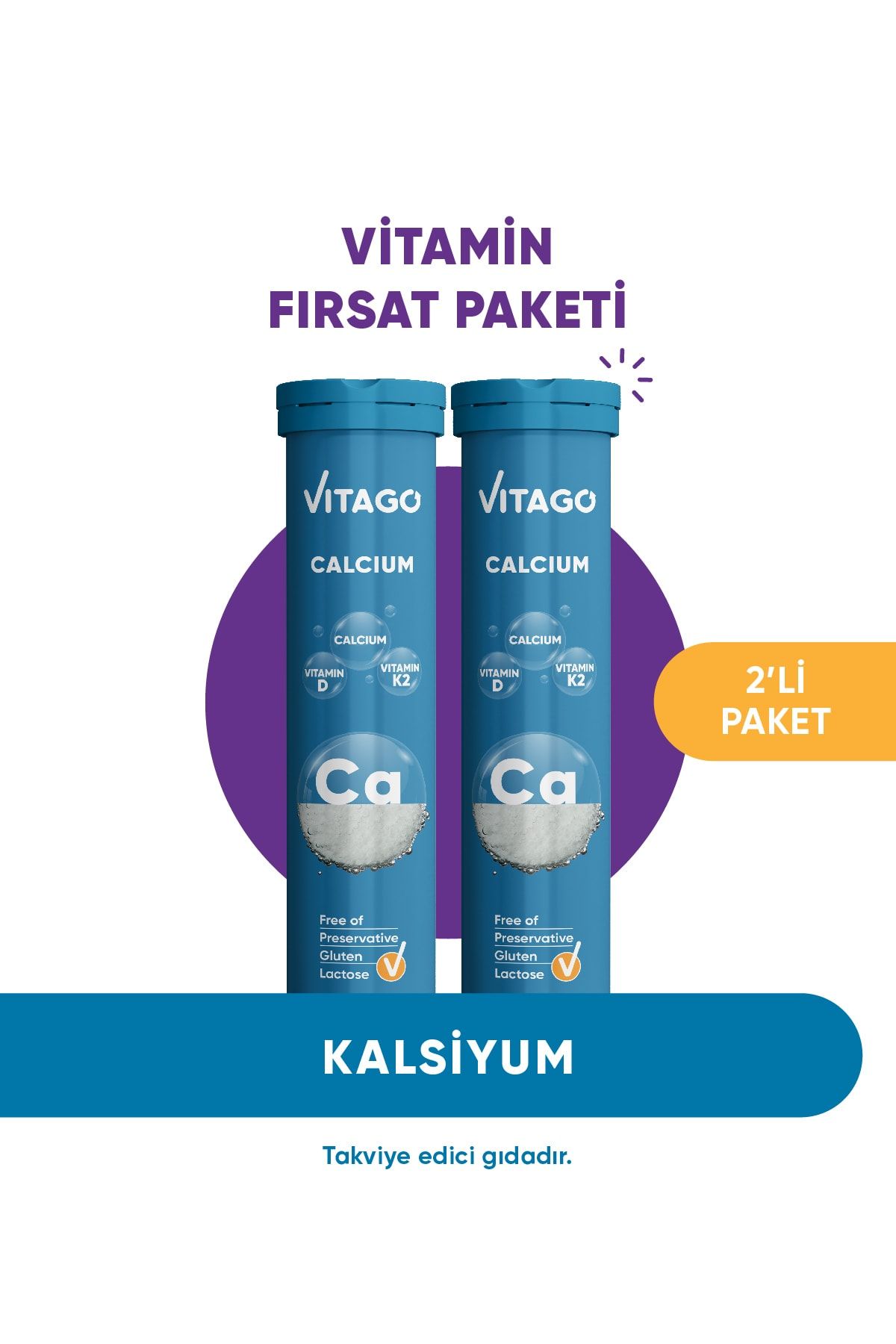 Vitago 2'li Paket- Kalsiyum, D3, K2 Vitamini Içeren Efervesan Tablet