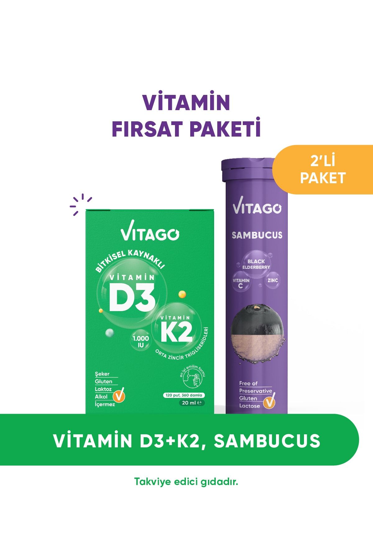 Vitago 2’li Paket – Vitago D3 Vitamini, K2 Vitamini, 20ml Sprey + Vitago Sambucus 20 Efervesan Tablet