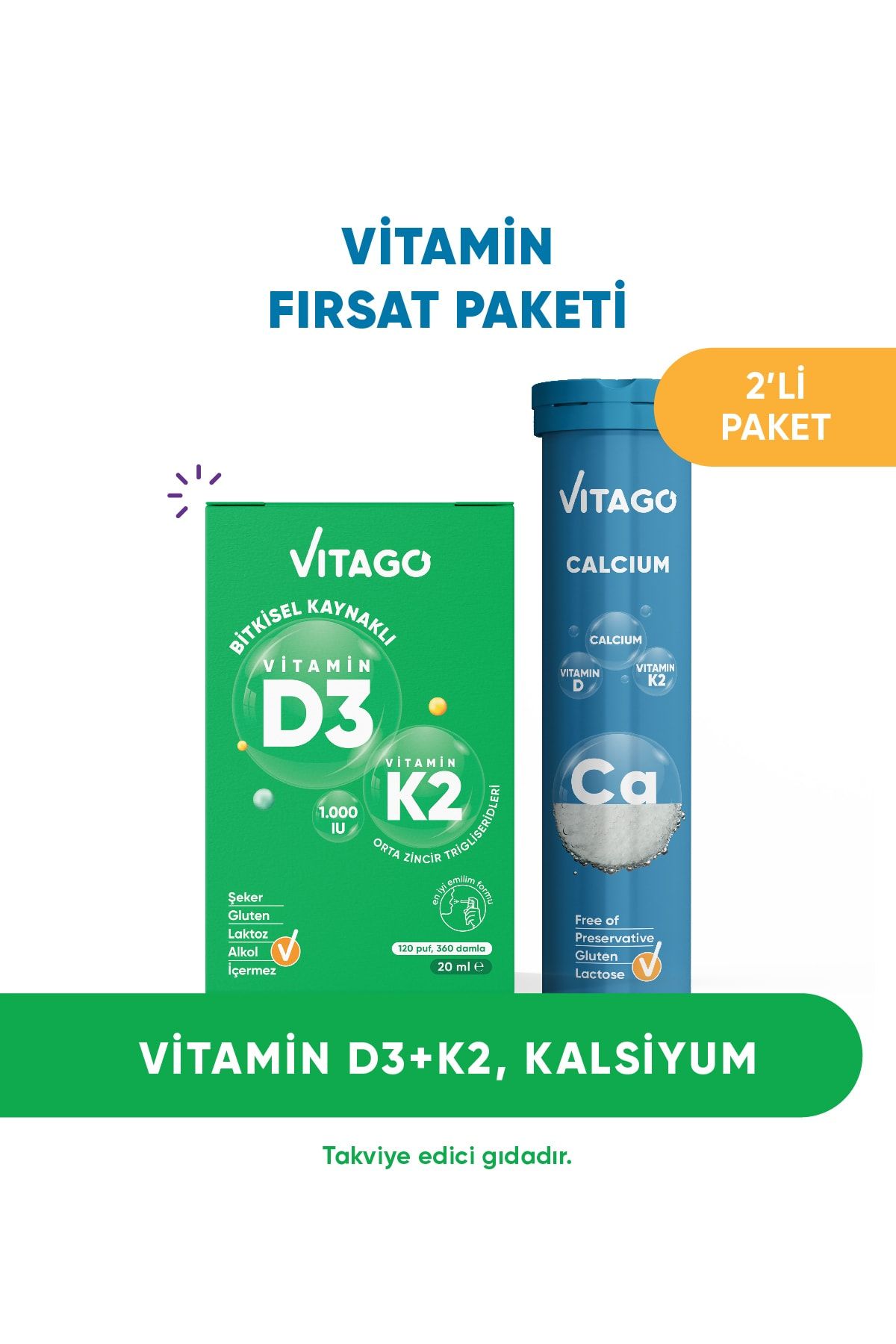Vitago 2’li Paket – Provitamin D3, Vitamin K2, 20ml Sprey + Prokalsiyum, 20'li Efervesan
