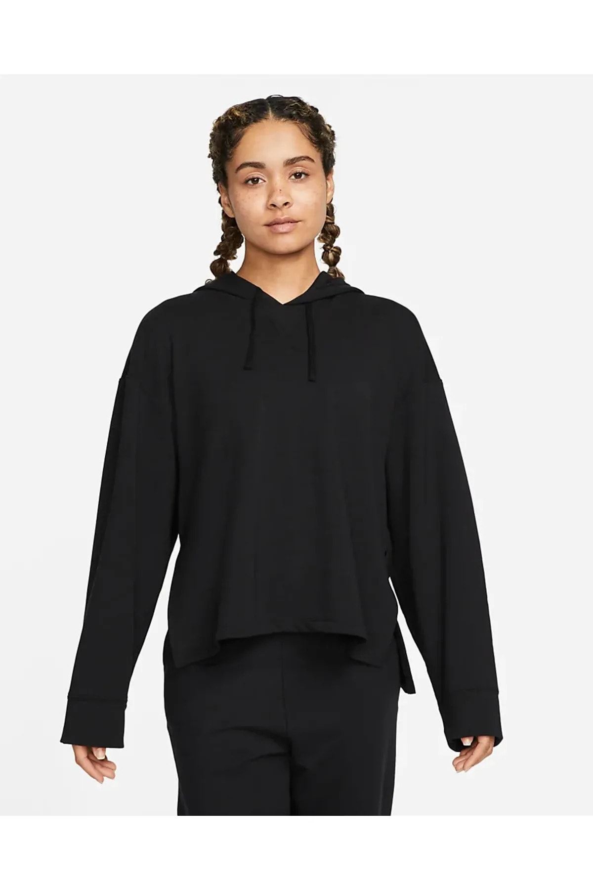 Nike Yoga Fransız Havlu Kumaşlı Dri-FIT Fleece Kadın Siyah Kapüşonlu Üstü