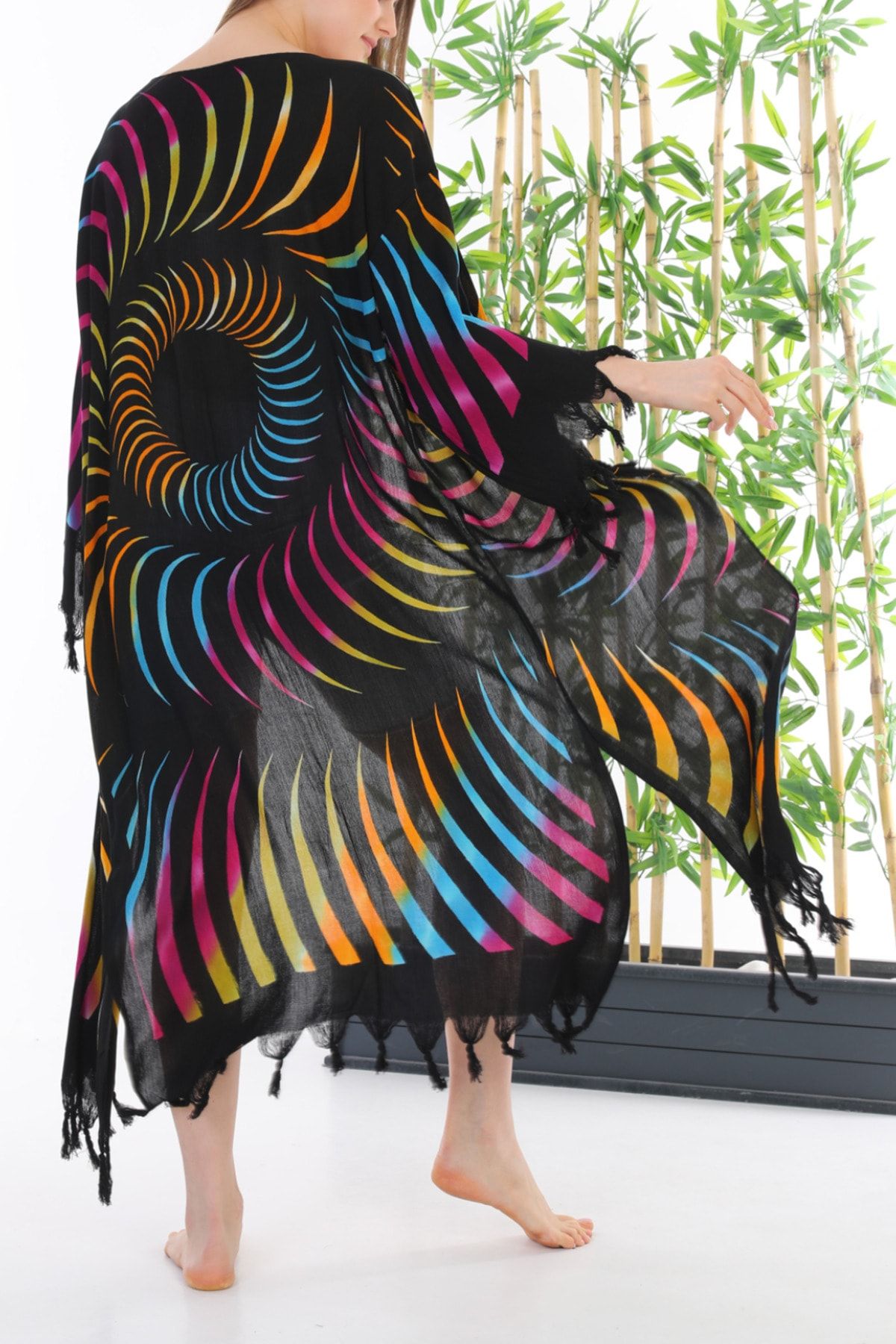 Arden Kaftan Pareo, Gökkuşağı Desen Siyah Keten Pamuk Bikini & Mayo Üstü Plaj Elbisesi, Festival Kimono