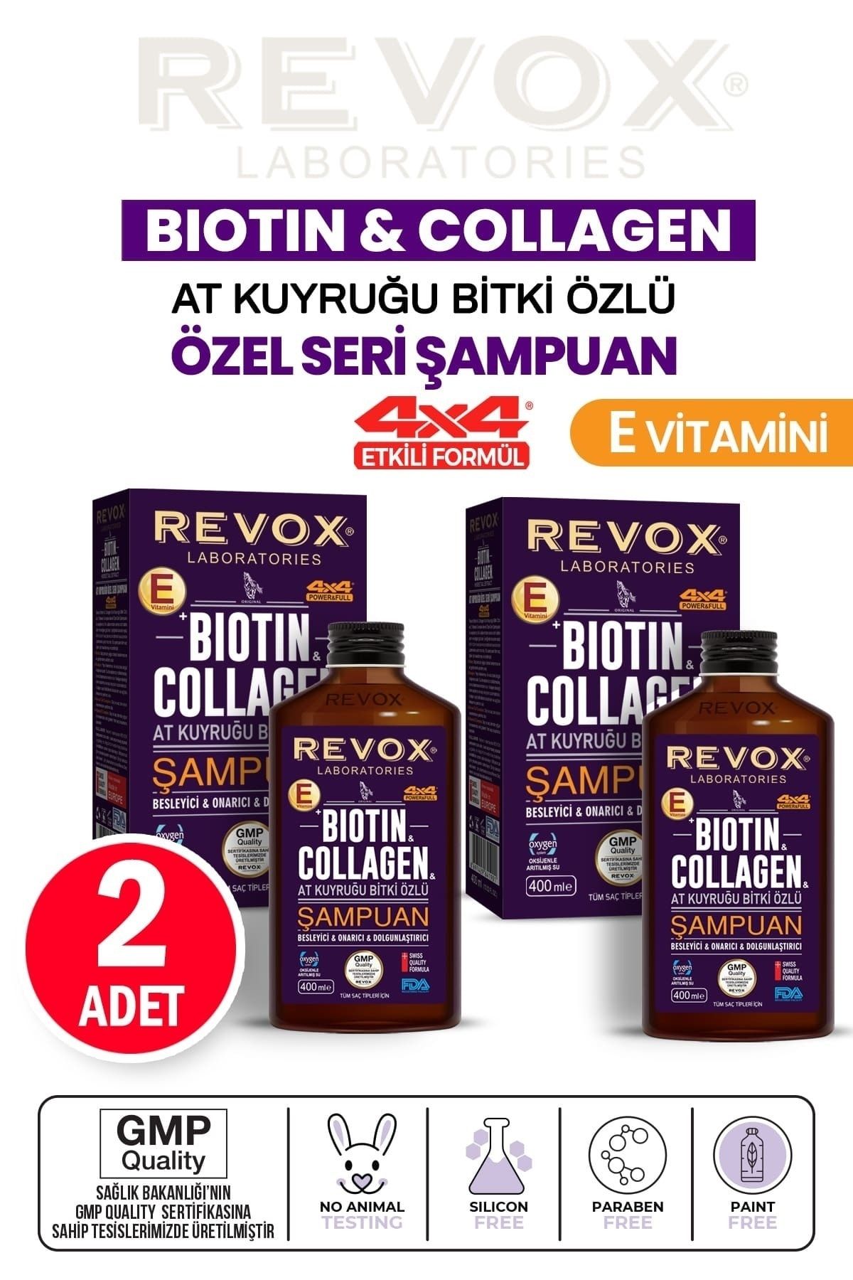 Revox Biotin Collagen At Kuyruğu Bitki Özlü Dökülme Karşıtı, Hızlı Uzama Dolgunlaştırıcı Şampuan 2 Adet