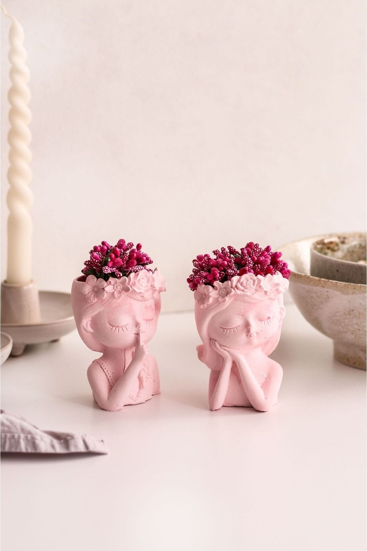 LALEZEN HOME Pembe İkili Çiçekli Kız Kardeşler Dekor Vazo (Çiçekler dahildir)