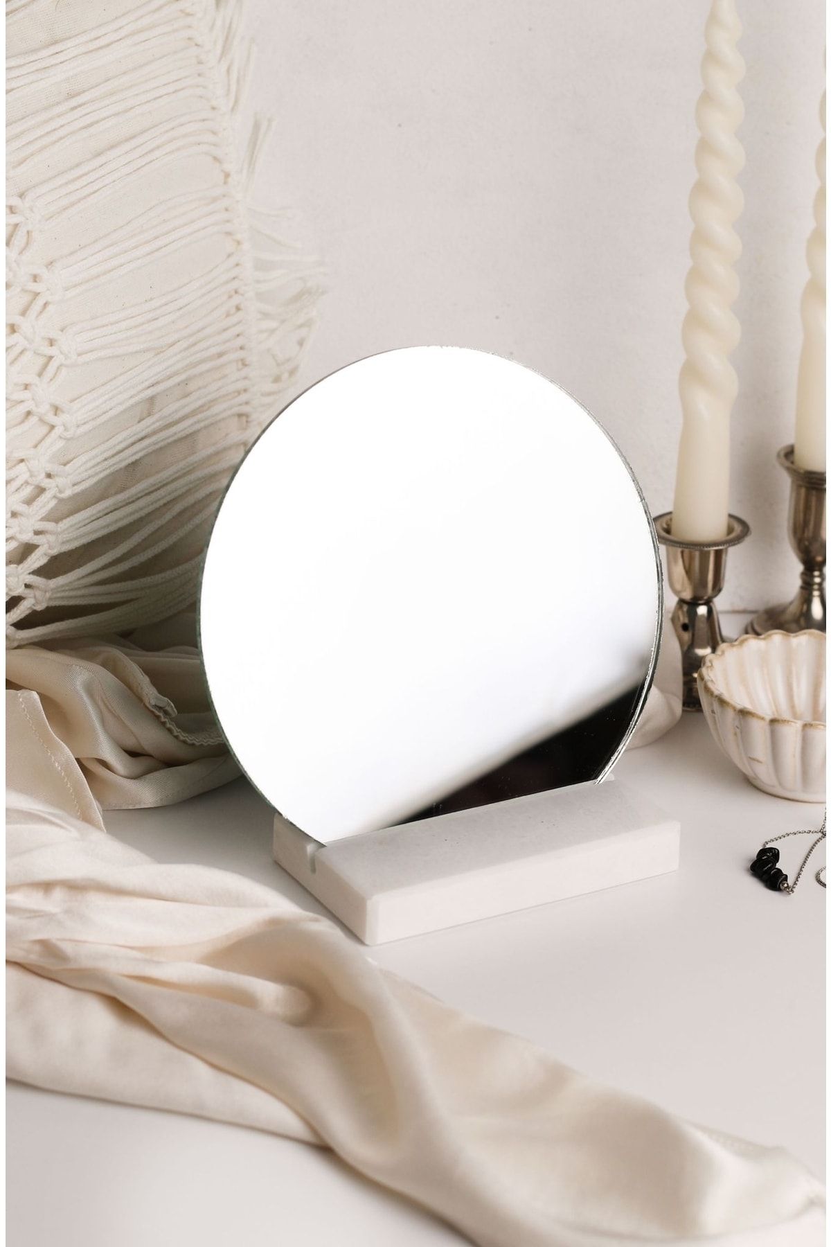 LALEZEN HOME Beyaz Mermer Stantlı Ayna - Şık Dekor Ayna - Masaüstü aynası