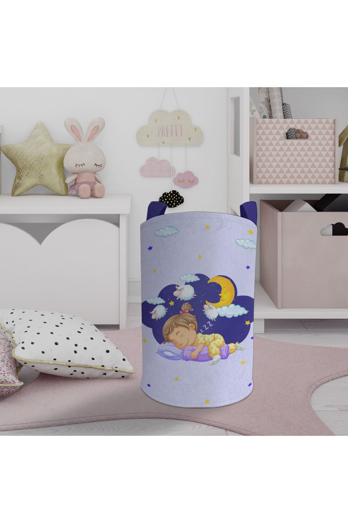 Chiron Baby Uyuyan Prens Desenli Kız Bebek Ve Çocuk Odası Için Renkli Ve Uzun Saplı Çamaşır Sepeti
