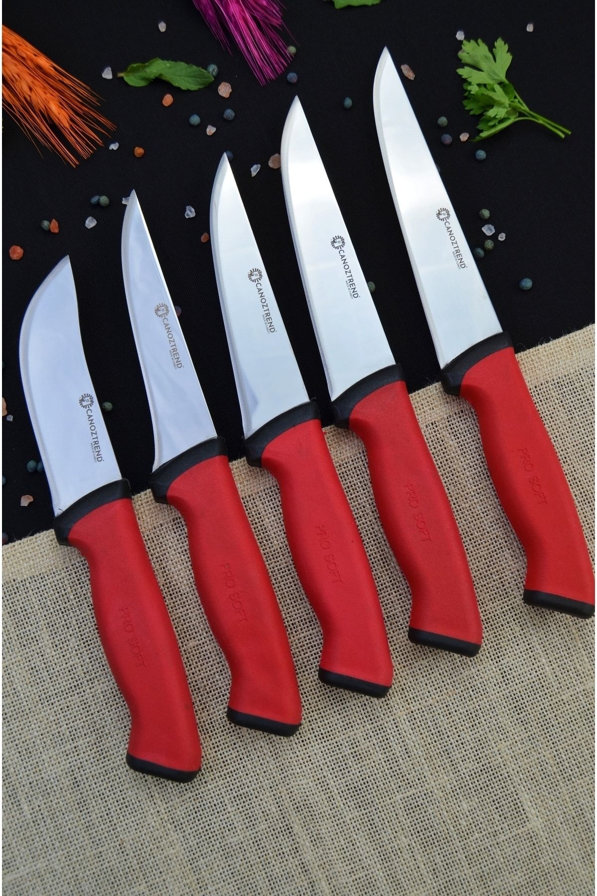 CANOZTREND El Yapımı Kırmızı Detaylı 5'li Muftak Bıçak Seti Kasap Seti Zırh Et Ekmek Meyve Sebze Bıçak Seti