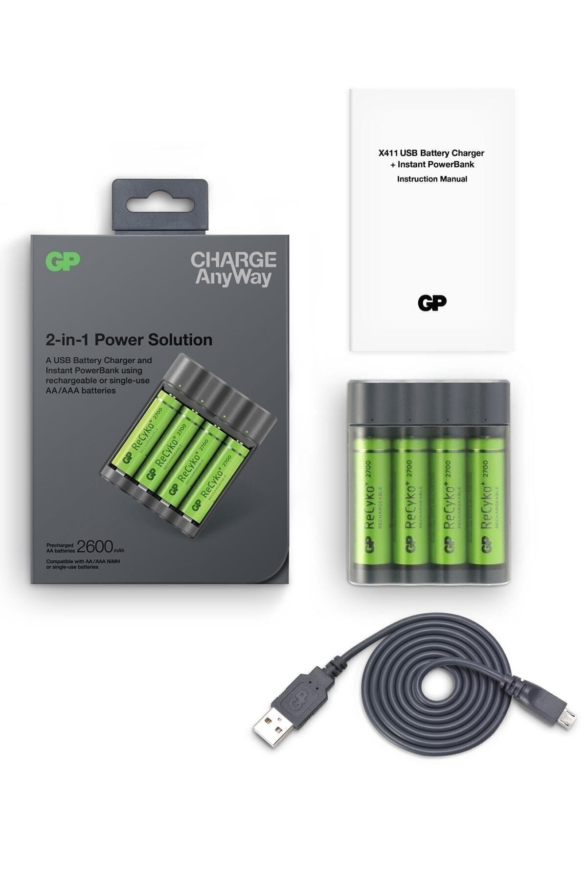 GP Batteries Batteries X411 Pil Şarj Cihazı Ve Anlık Powerbank Recyko+ 4 Adet 2700 Aa Kalem Pilli Set